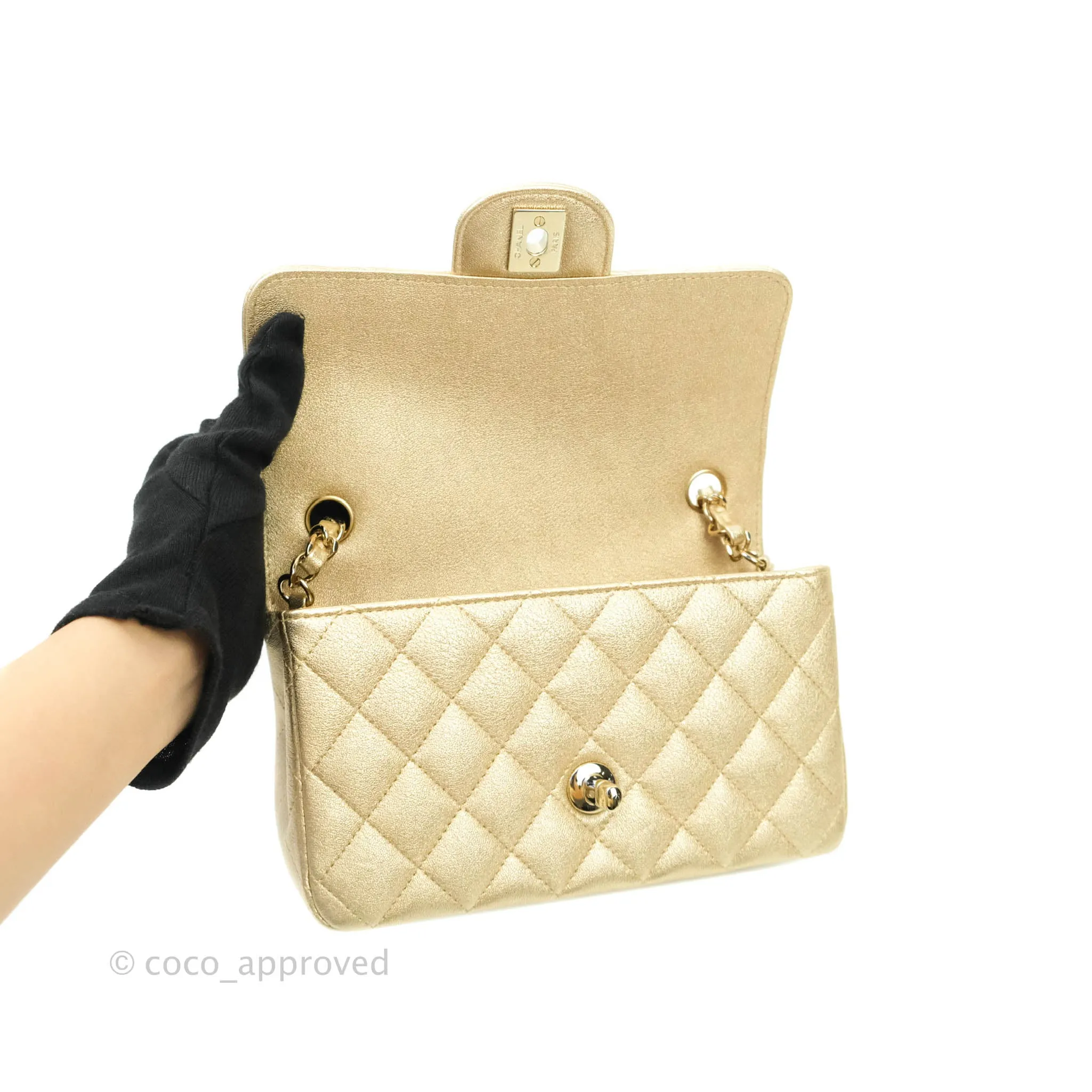 Chanel Classic Quilted Mini Rectangular Flap Iridescent Gold Lambskin Gold Hardware