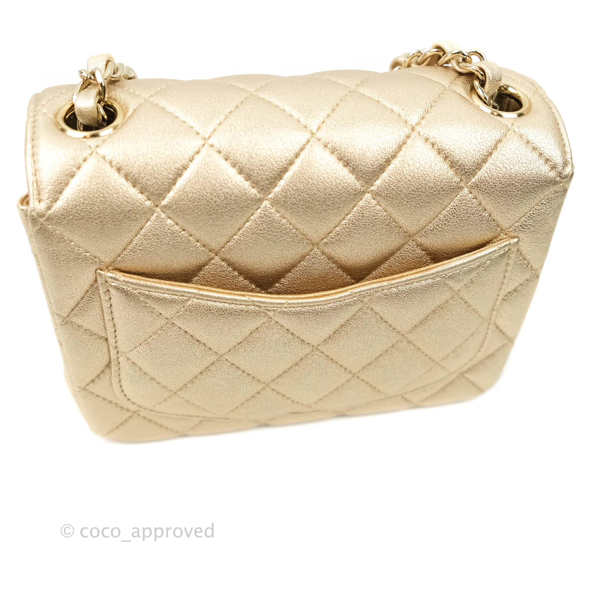 Chanel Classic Quilted Mini Square Flap Iridescent Gold Gold Hardware 21P