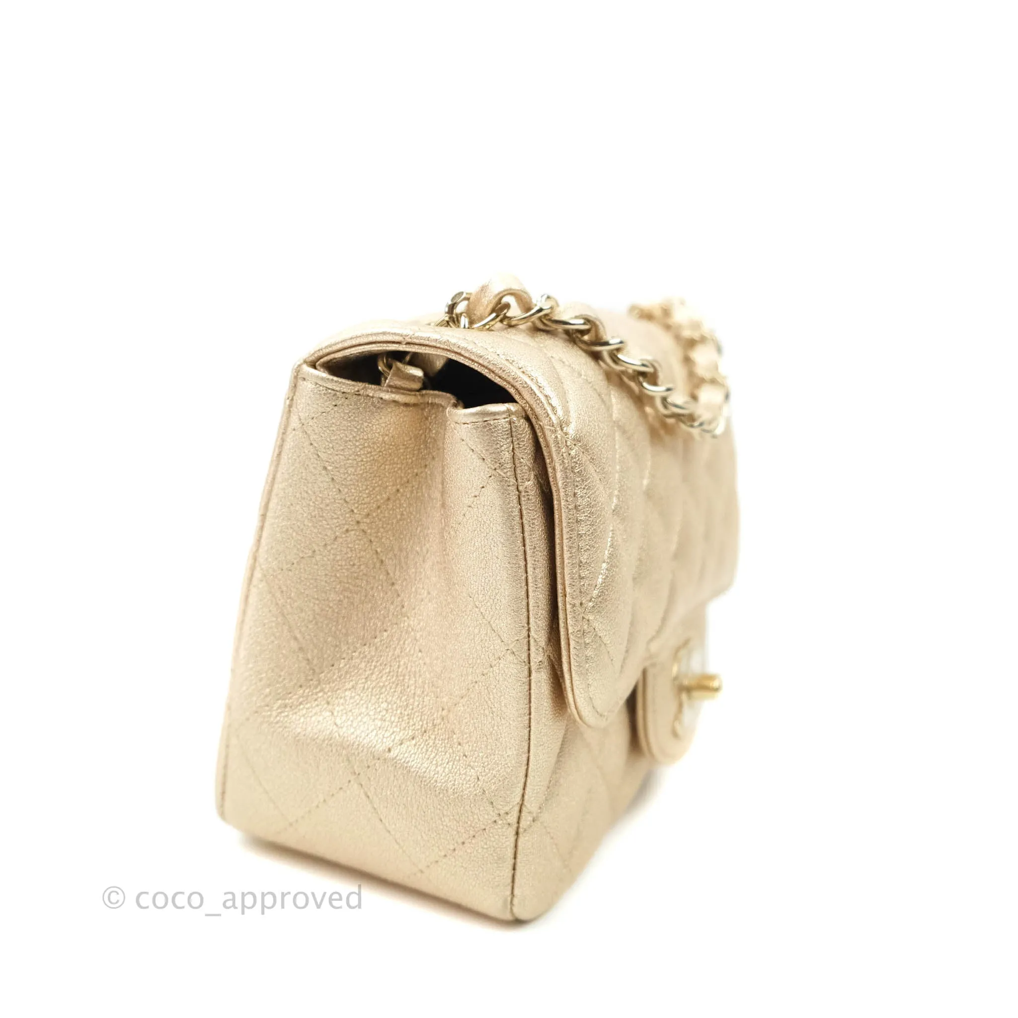 Chanel Classic Quilted Mini Square Flap Iridescent Gold Gold Hardware 21P