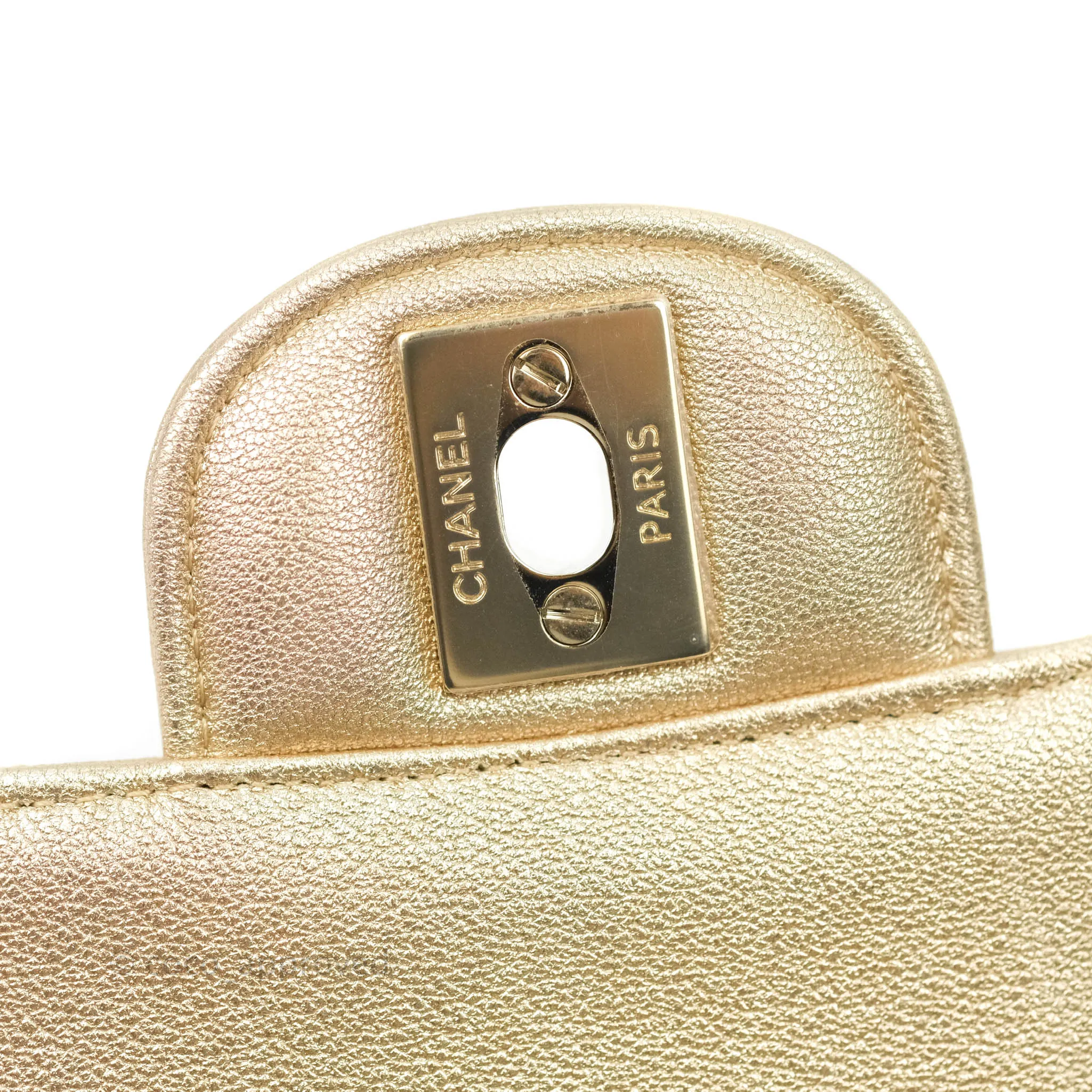 Chanel Classic Quilted Mini Square Flap Iridescent Gold Gold Hardware 21P