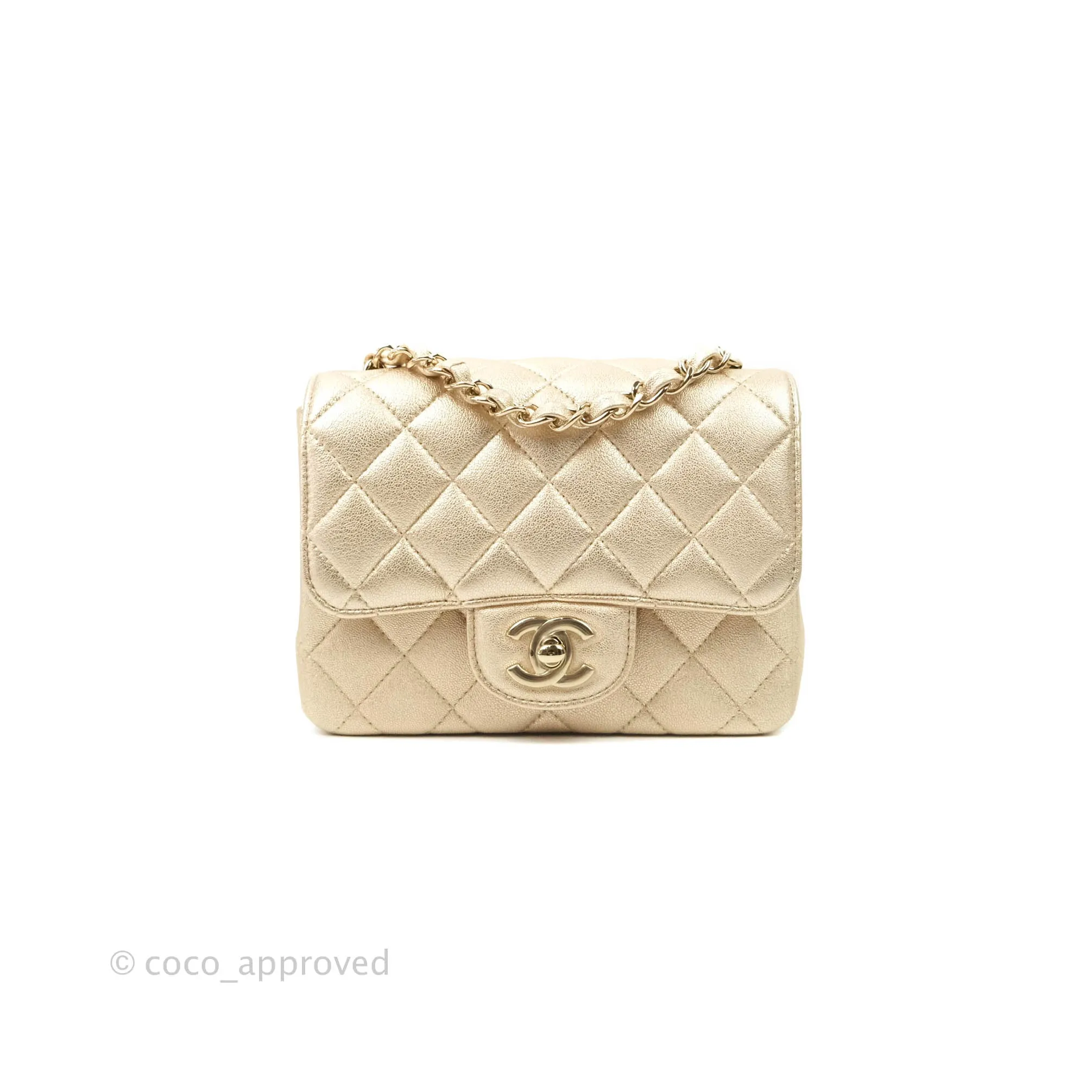 Chanel Classic Quilted Mini Square Flap Iridescent Gold Gold Hardware 21P