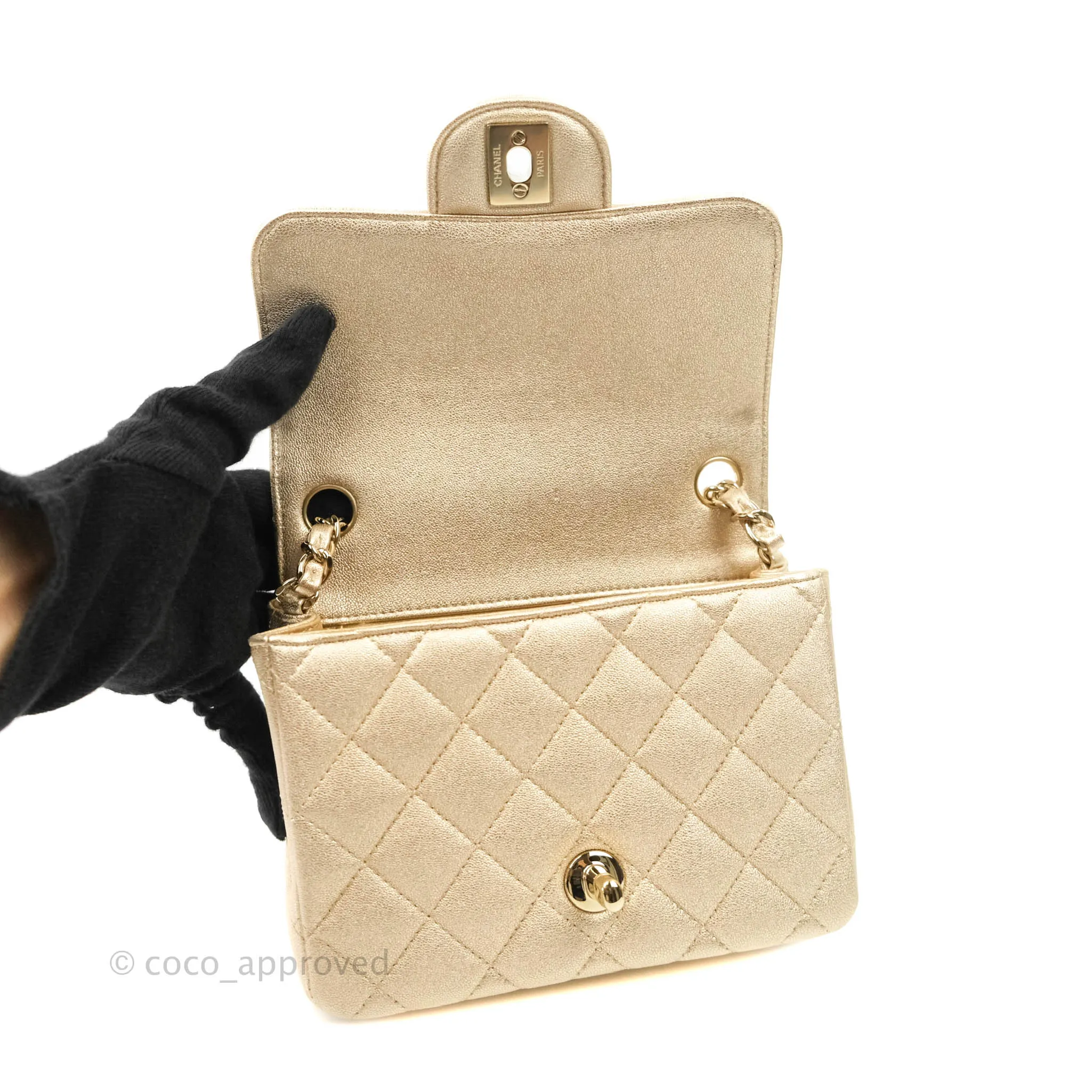 Chanel Classic Quilted Mini Square Flap Iridescent Gold Gold Hardware 21P