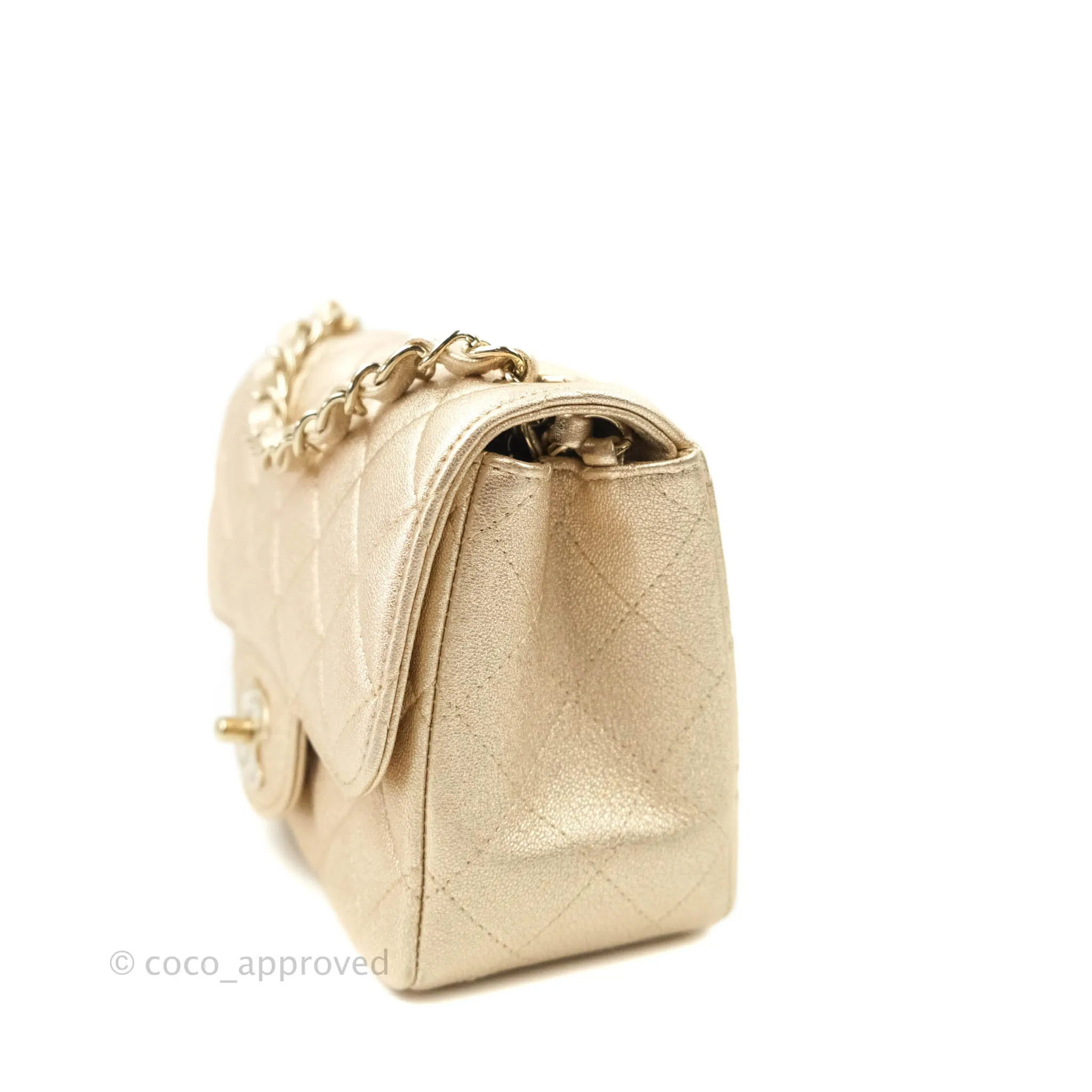Chanel Classic Quilted Mini Square Flap Iridescent Gold Gold Hardware 21P