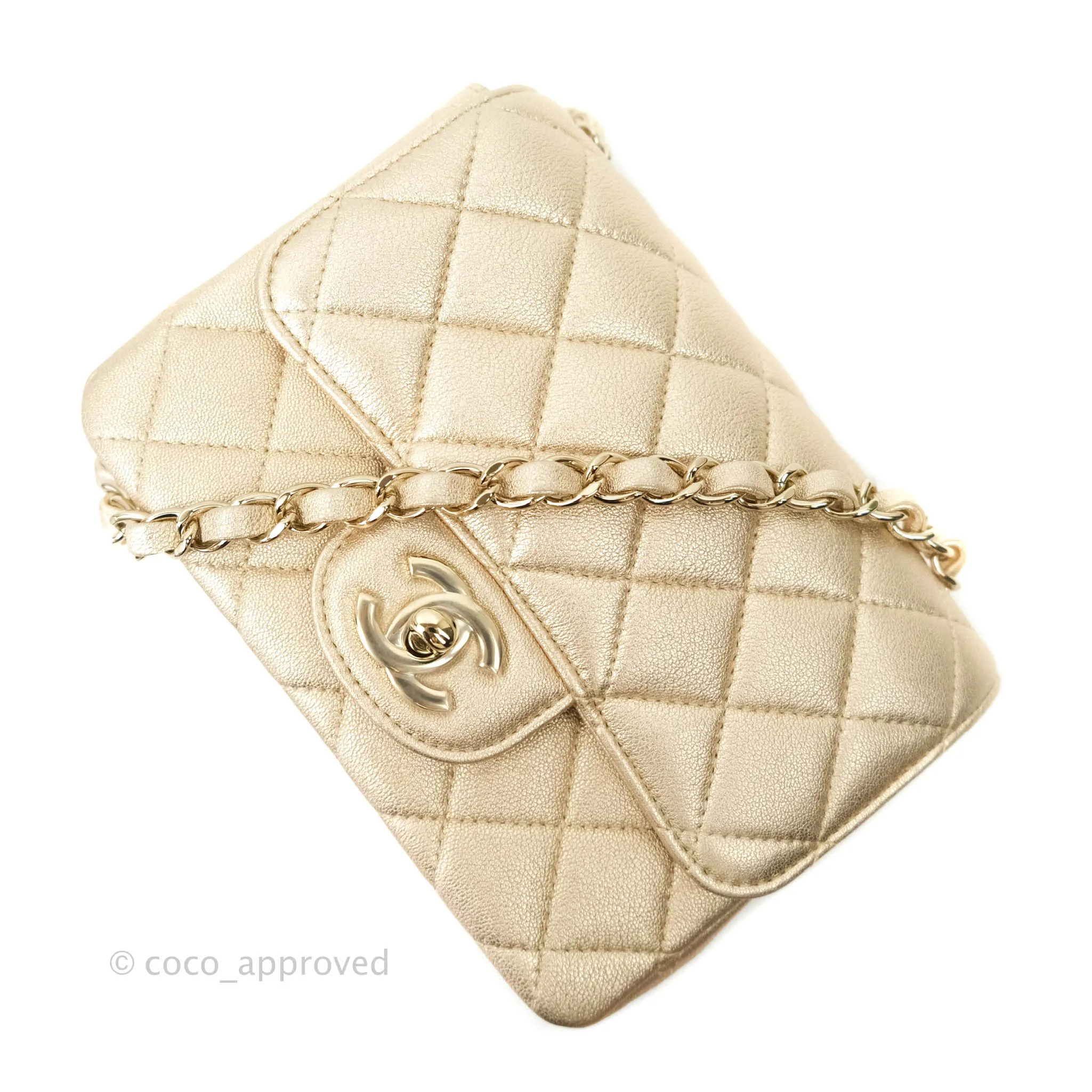 Chanel Classic Quilted Mini Square Flap Iridescent Gold Gold Hardware 21P
