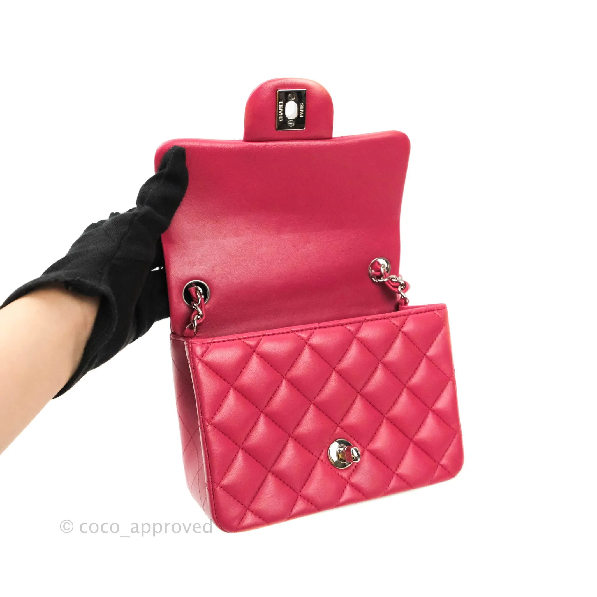 Chanel Classic Quilted Mini Square Flap Rosy Pink Lambskin Silver Hardware
