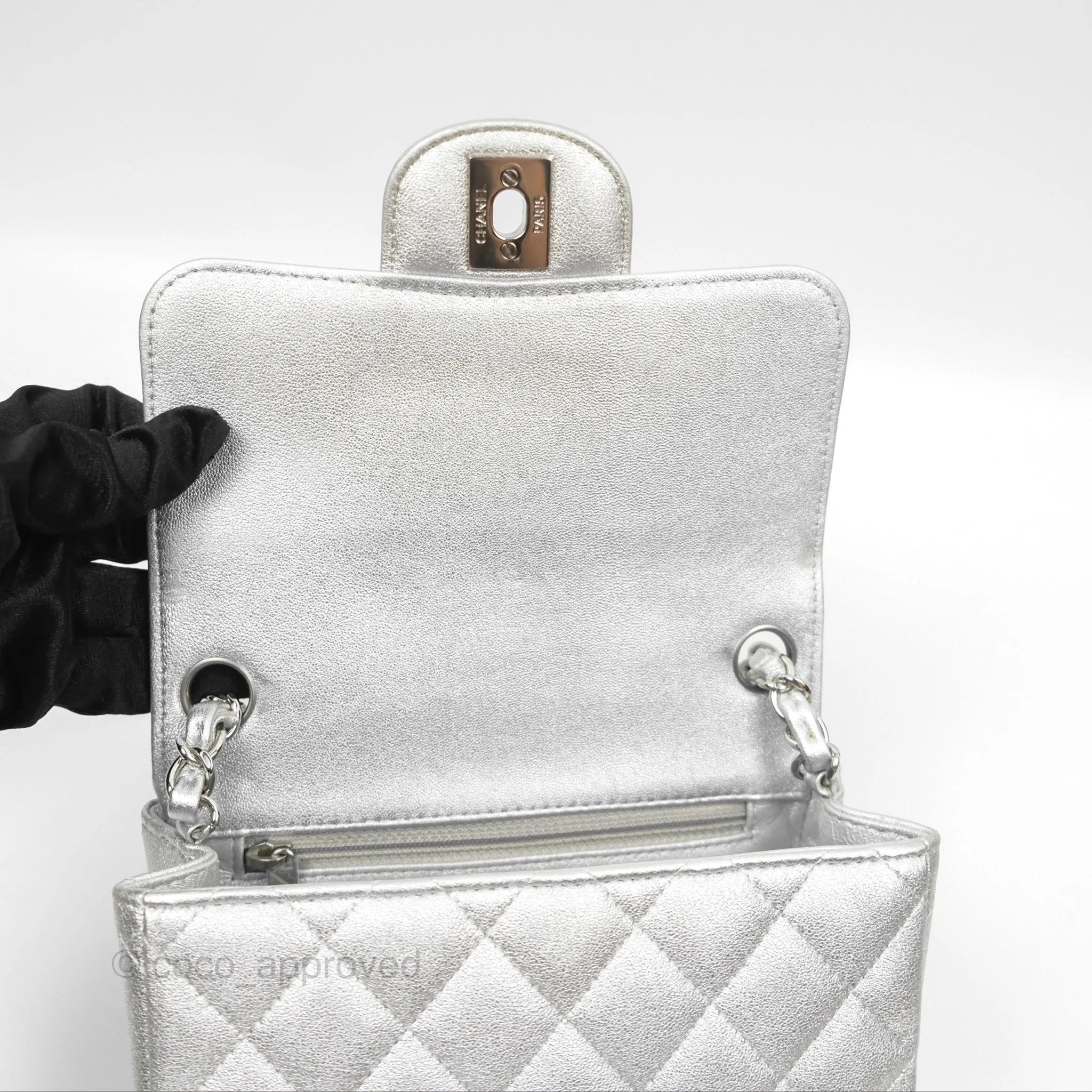 Chanel Classic Quilted Mini Square Flap Silver Lambskin Silver Hardware