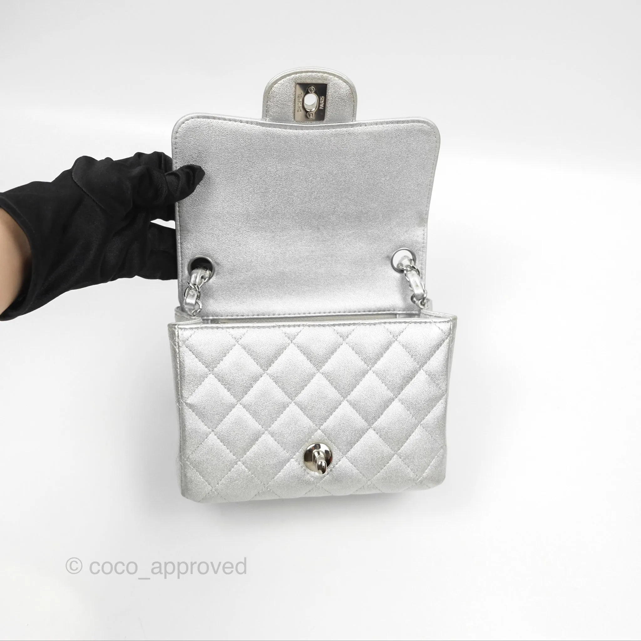 Chanel Classic Quilted Mini Square Flap Silver Lambskin Silver Hardware