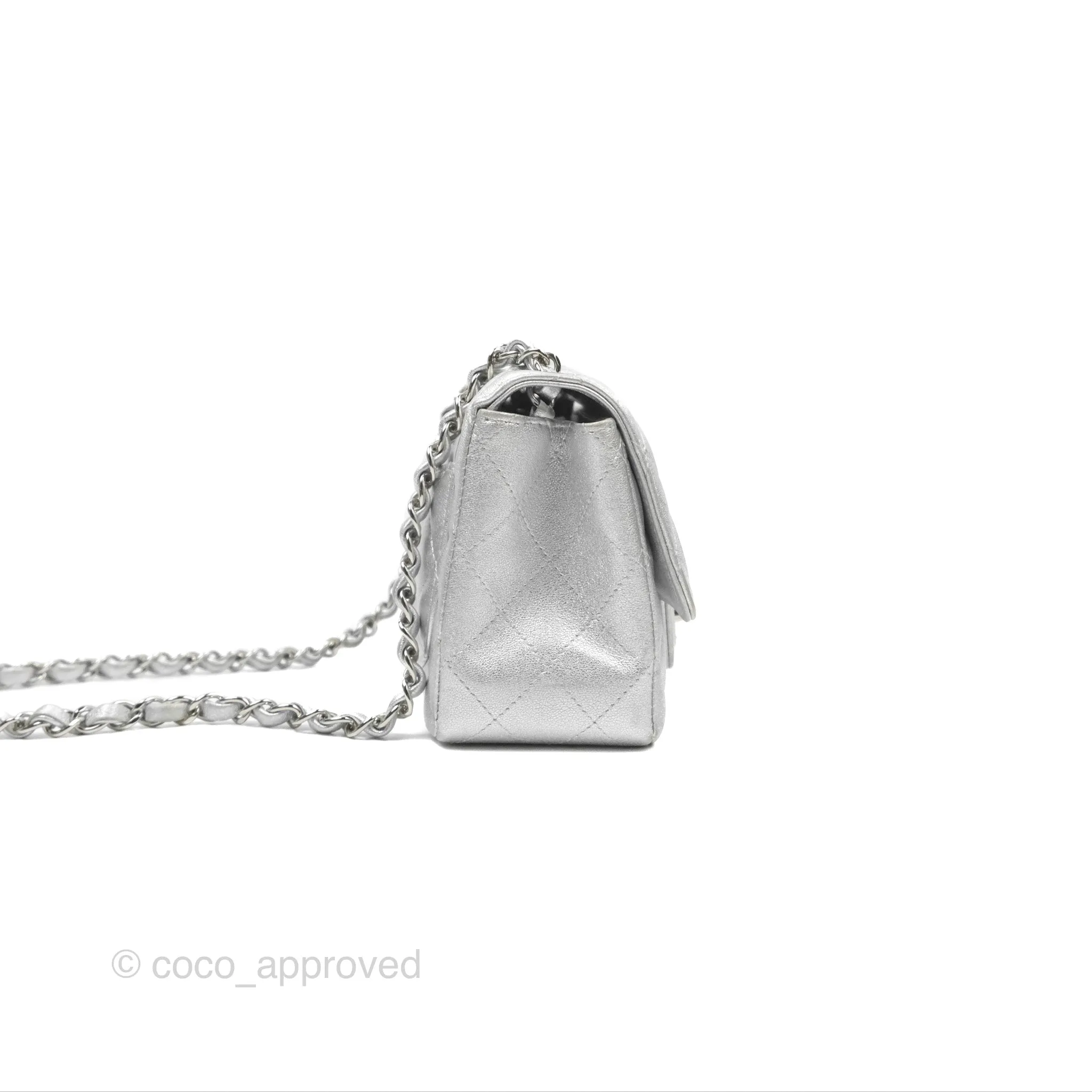 Chanel Classic Quilted Mini Square Flap Silver Lambskin Silver Hardware