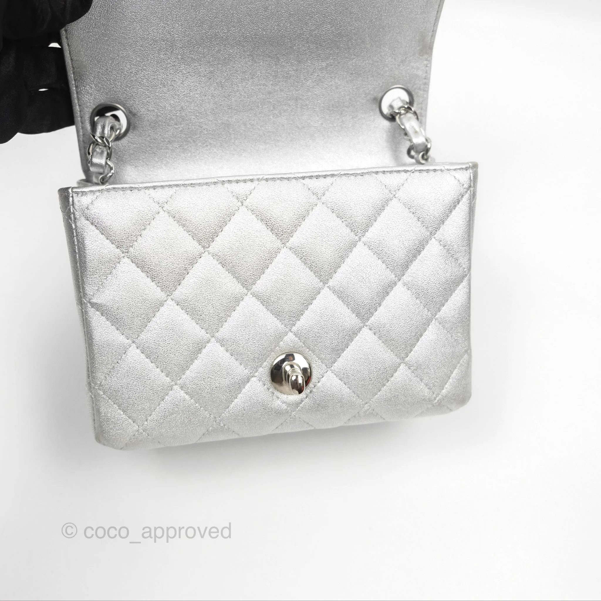 Chanel Classic Quilted Mini Square Flap Silver Lambskin Silver Hardware