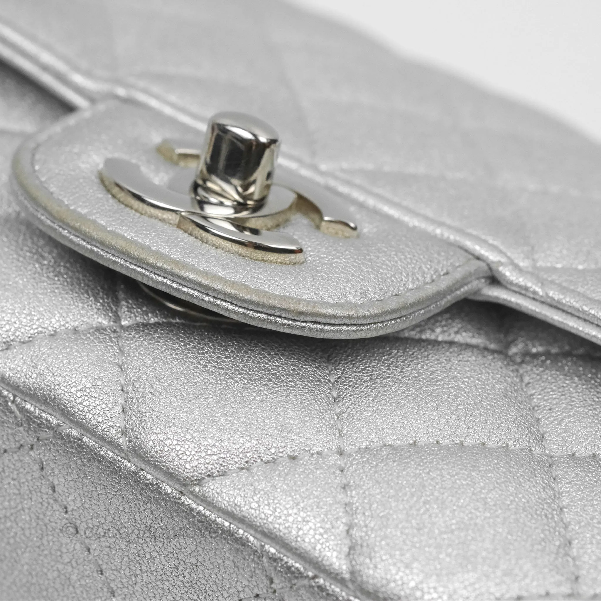 Chanel Classic Quilted Mini Square Flap Silver Lambskin Silver Hardware