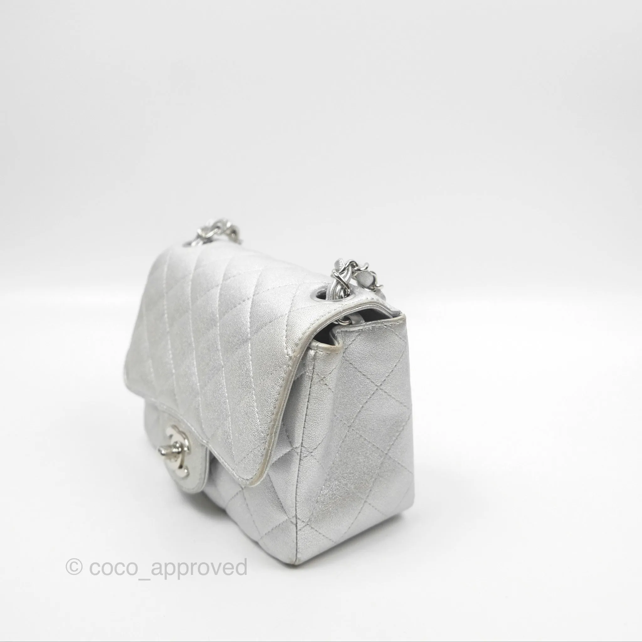 Chanel Classic Quilted Mini Square Flap Silver Lambskin Silver Hardware