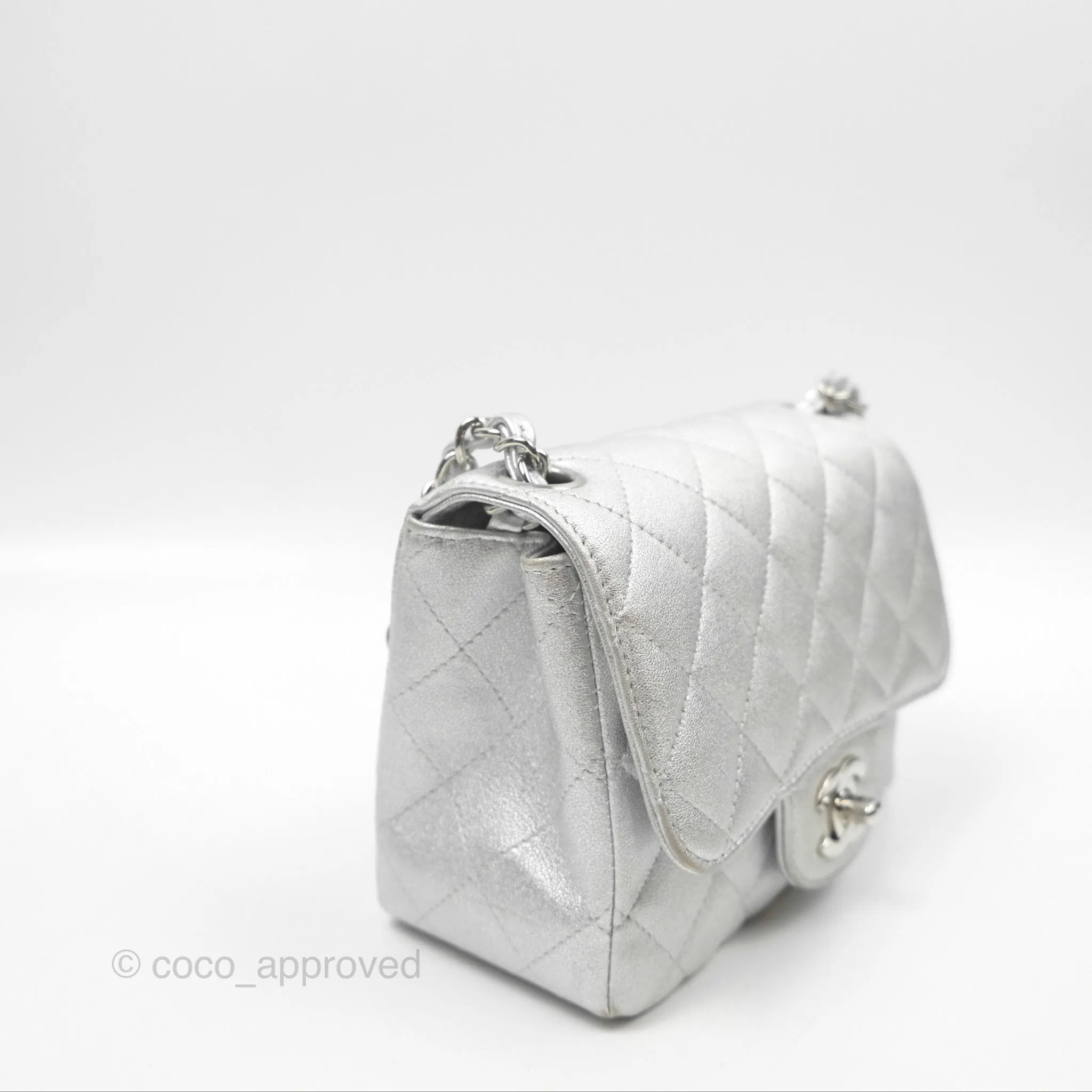 Chanel Classic Quilted Mini Square Flap Silver Lambskin Silver Hardware