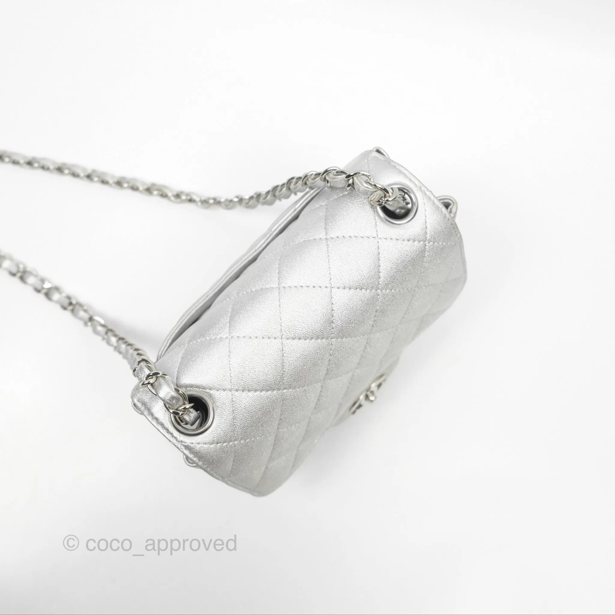 Chanel Classic Quilted Mini Square Flap Silver Lambskin Silver Hardware