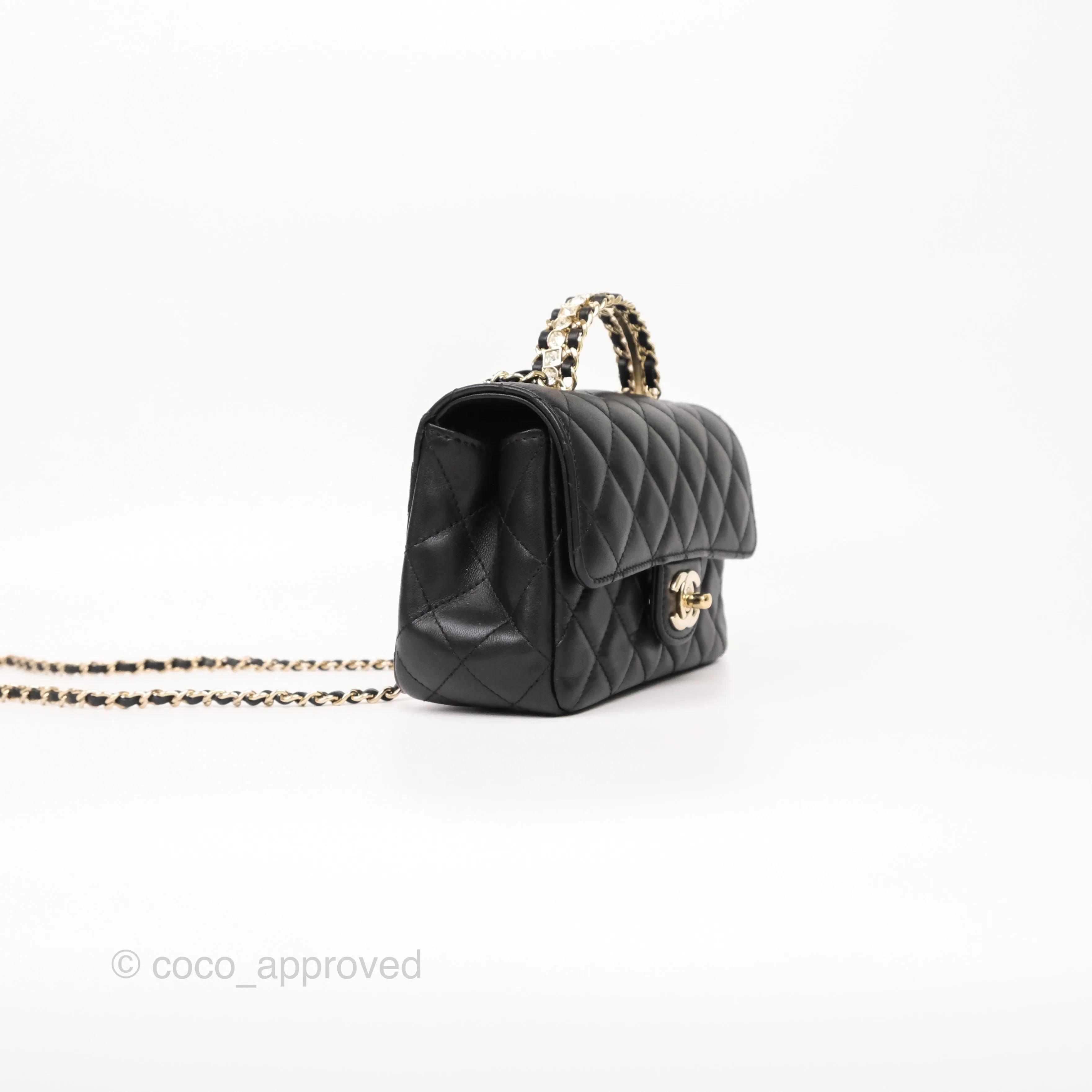 Chanel Crystals Top Handle Mini Rectangular Flap Bag Black Lambskin Gold Hardware 23A