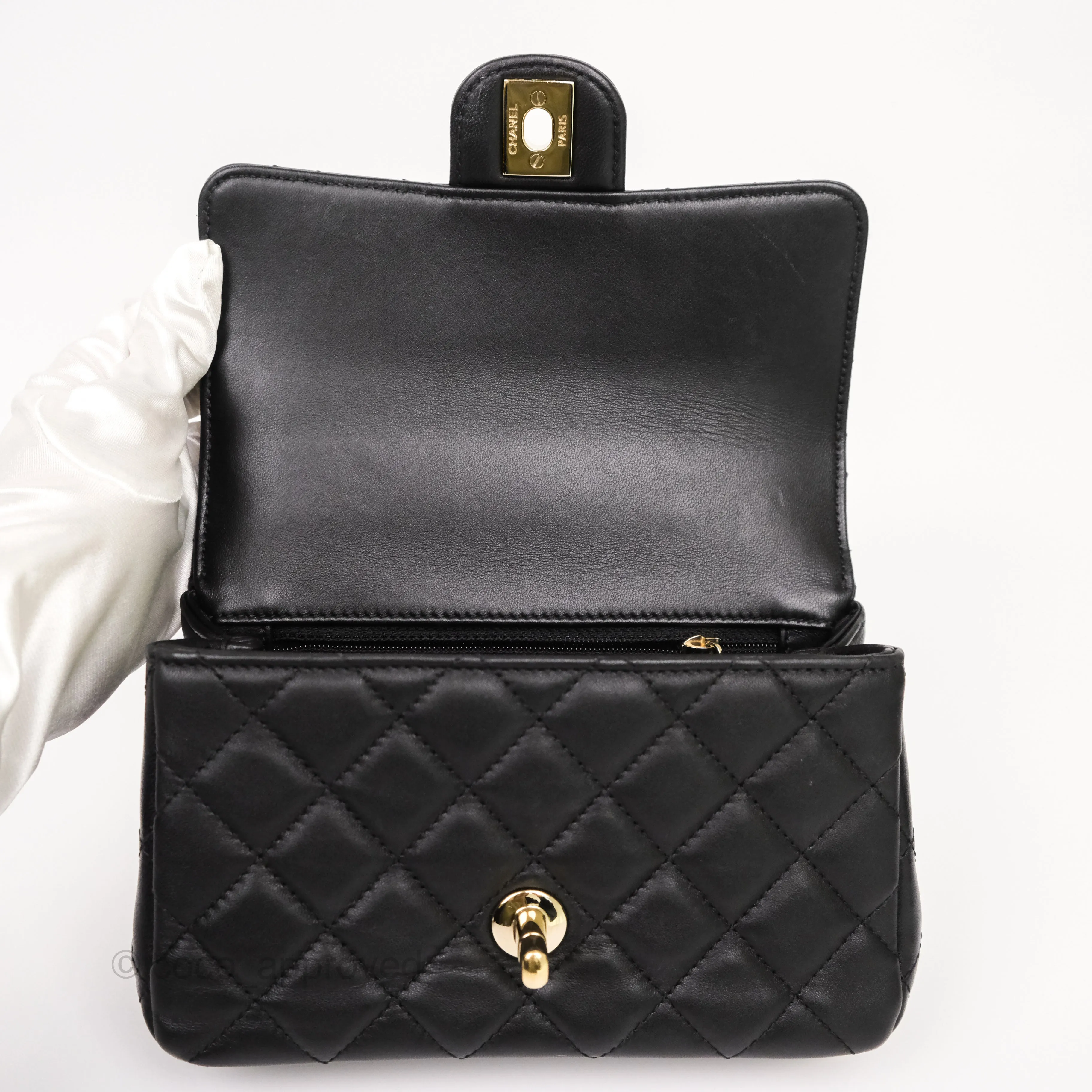 Chanel Crystals Top Handle Mini Rectangular Flap Bag Black Lambskin Gold Hardware 23A