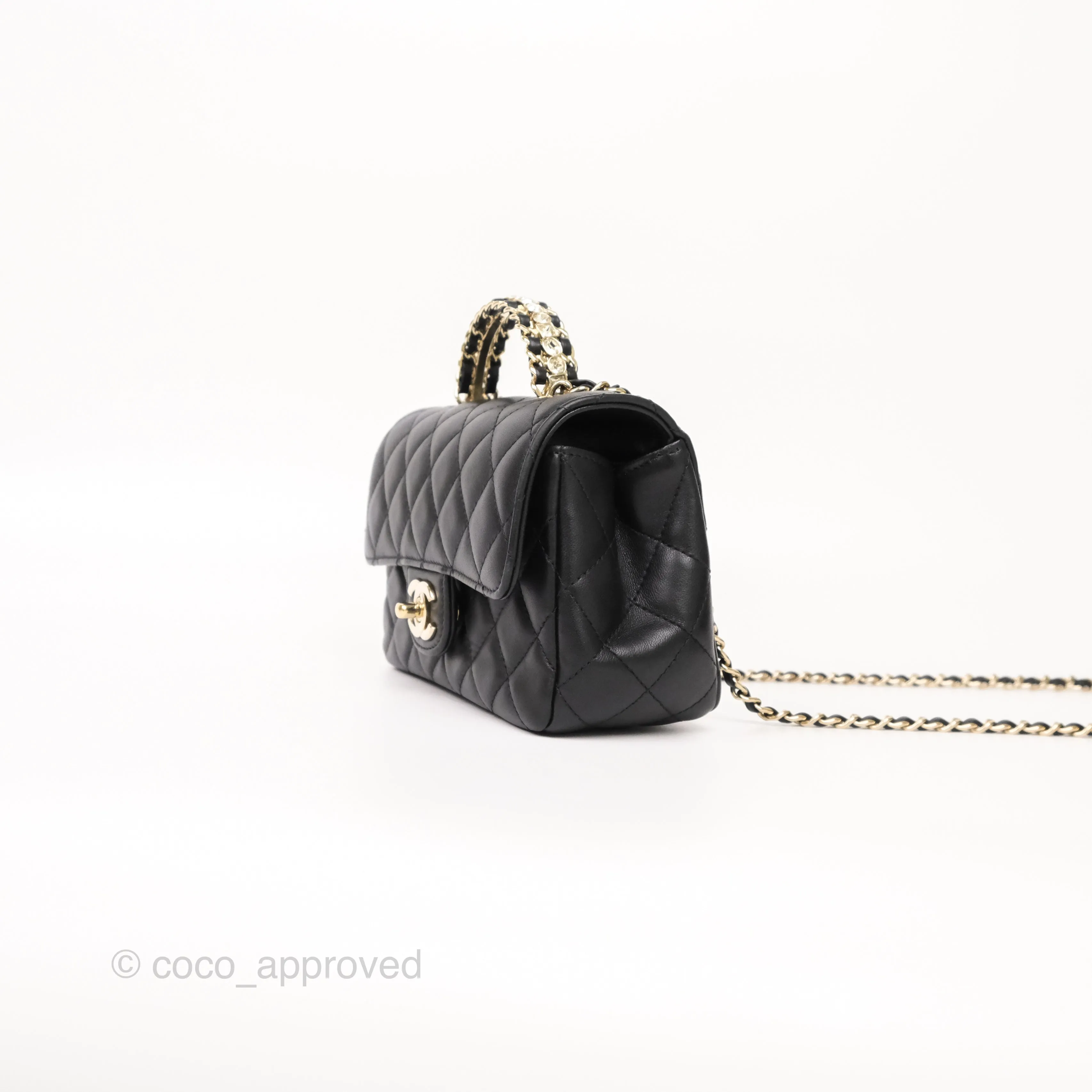 Chanel Crystals Top Handle Mini Rectangular Flap Bag Black Lambskin Gold Hardware 23A