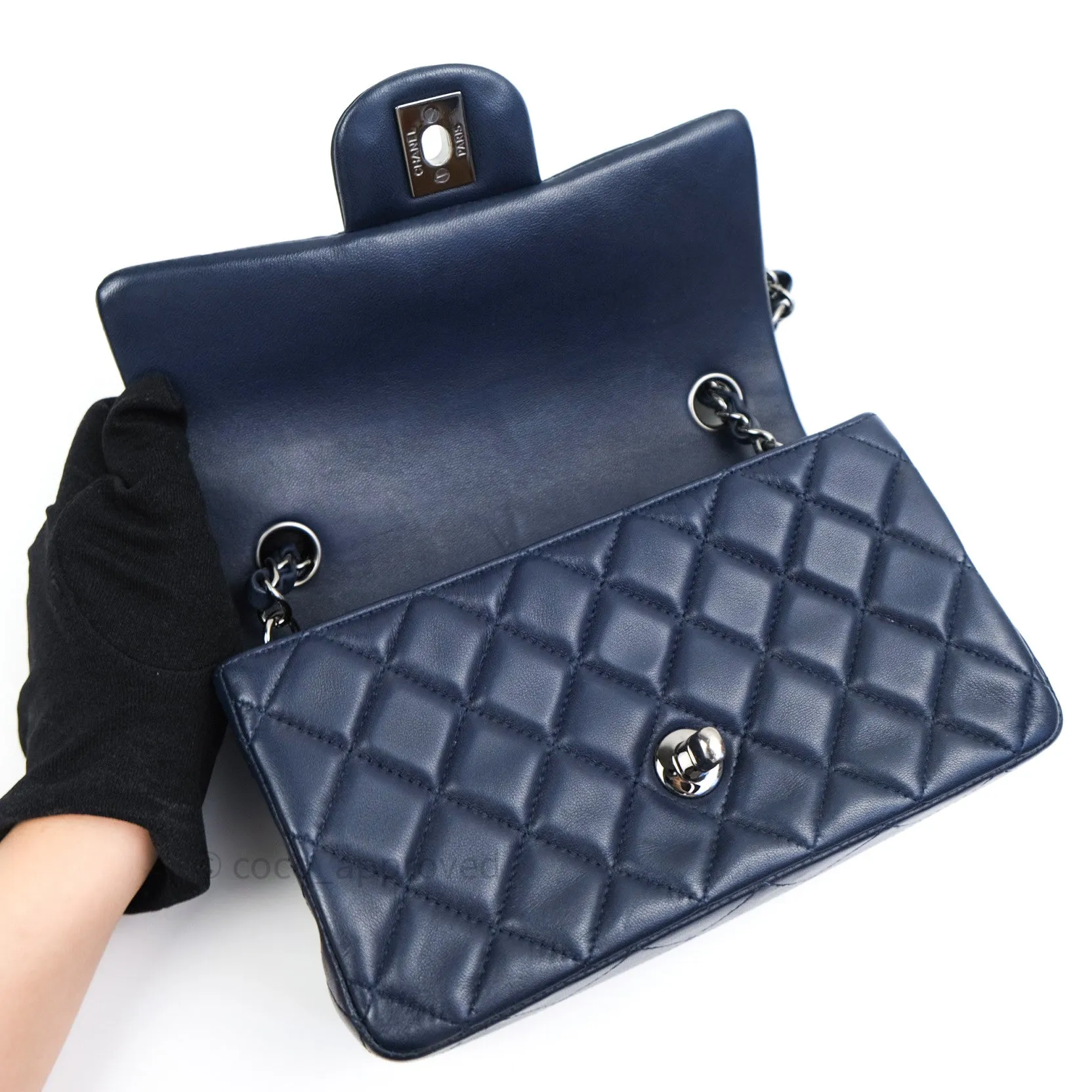 Chanel Lambskin Quilted Mini Rectangular Flap Navy Dark Silver Hardware