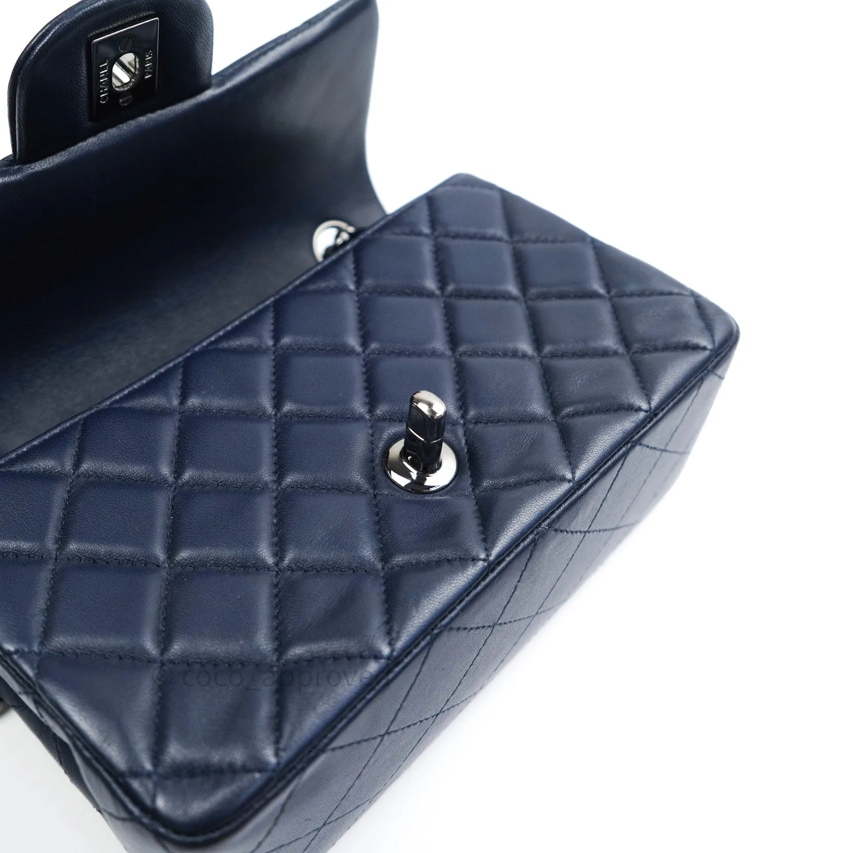 Chanel Lambskin Quilted Mini Rectangular Flap Navy Dark Silver Hardware