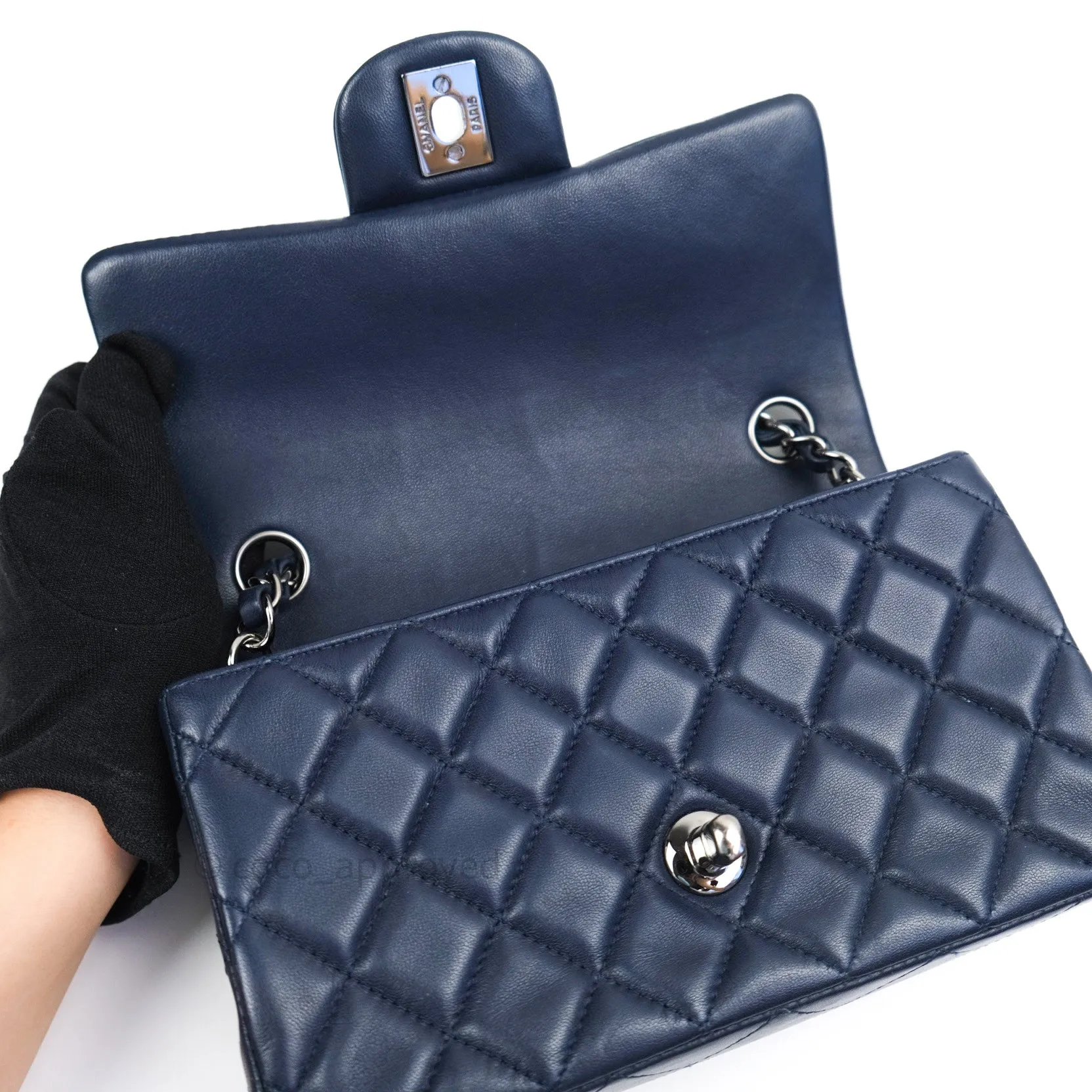 Chanel Lambskin Quilted Mini Rectangular Flap Navy Dark Silver Hardware