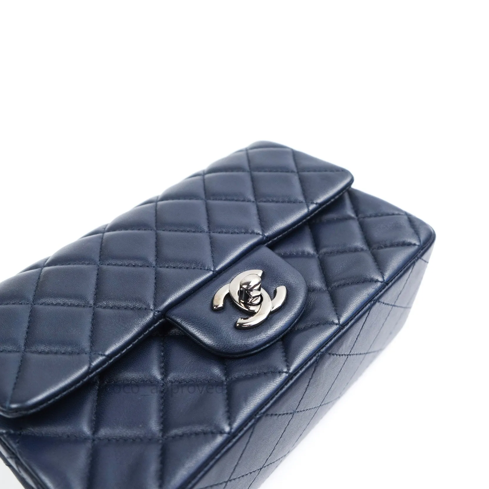 Chanel Lambskin Quilted Mini Rectangular Flap Navy Dark Silver Hardware