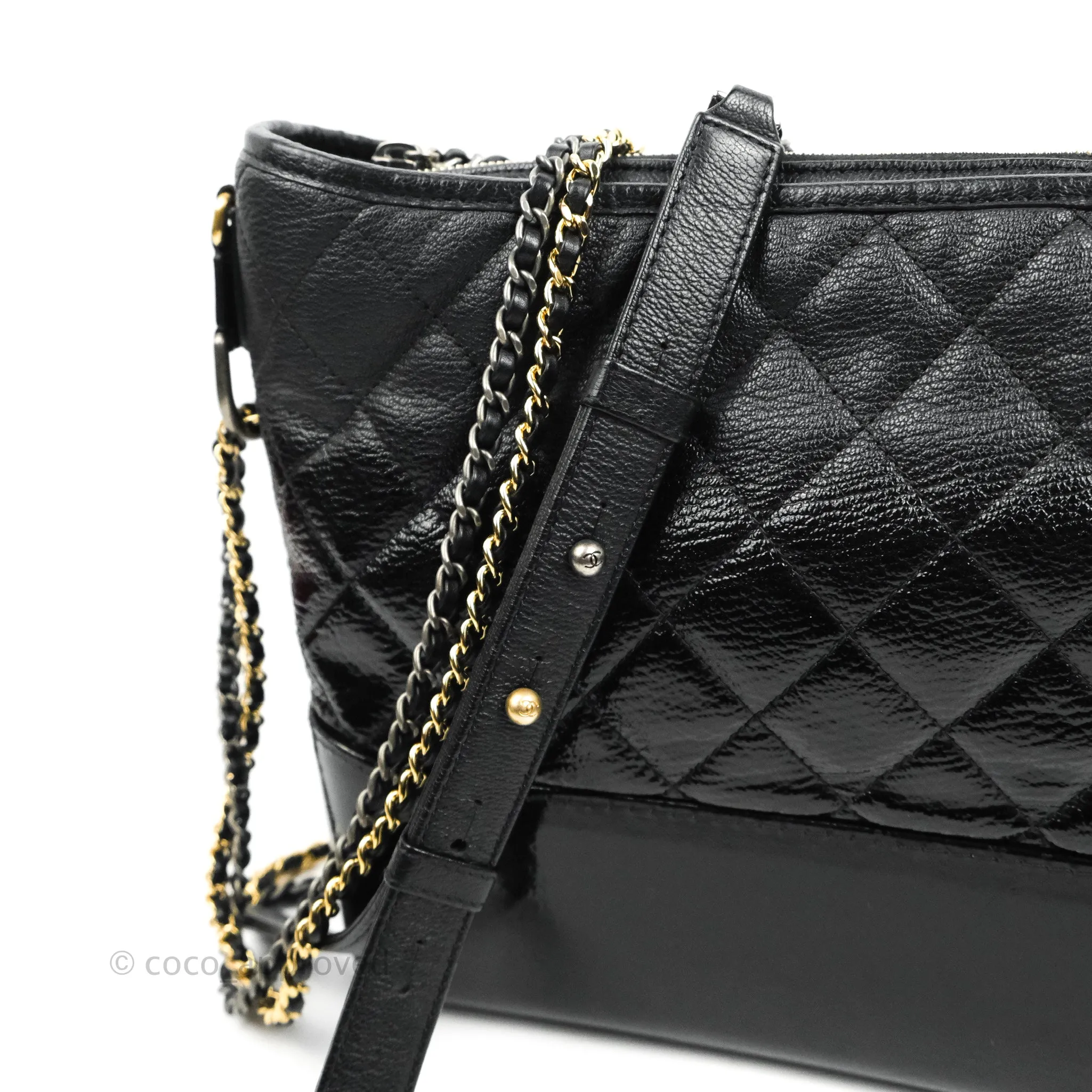 Chanel Large Gabrielle Hobo Black Patent Goatskin Mixed Hardware 18S