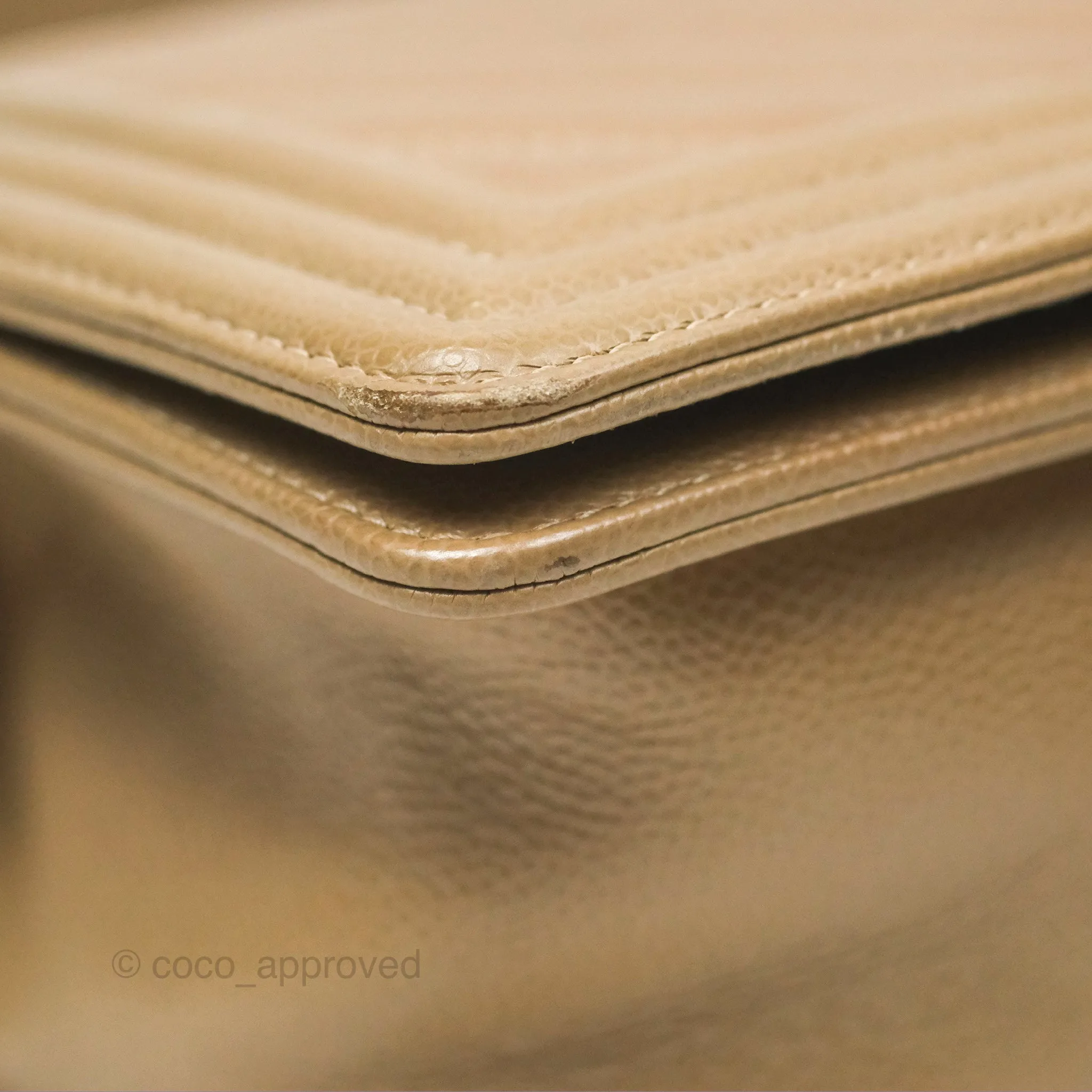 Chanel Medium Boy Chevron Beige Caviar Aged Gold Hardware