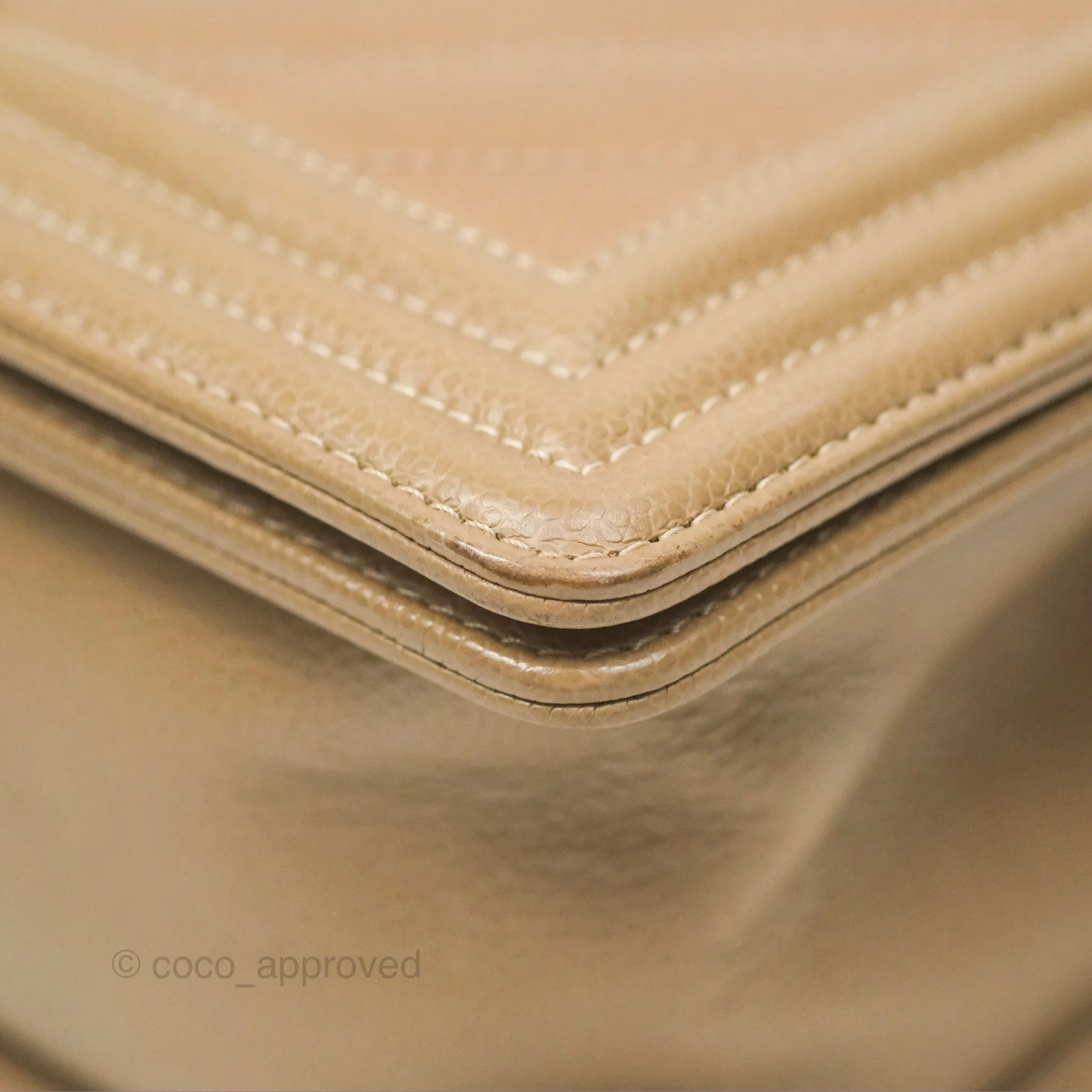 Chanel Medium Boy Chevron Beige Caviar Aged Gold Hardware