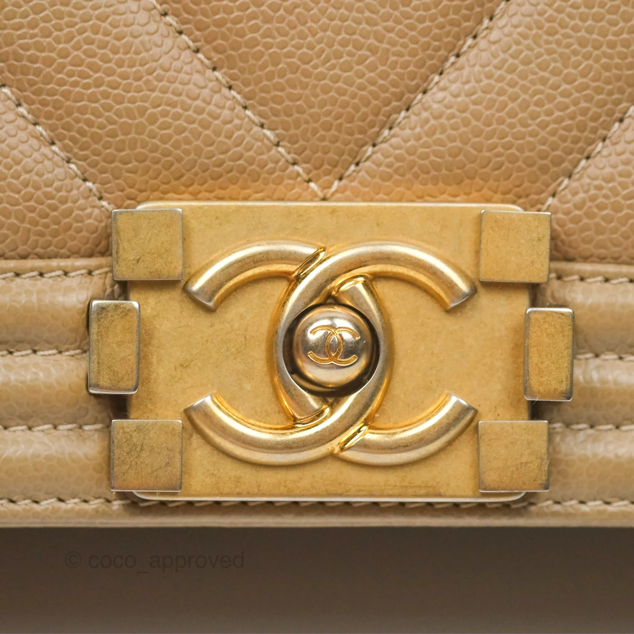 Chanel Medium Boy Chevron Beige Caviar Aged Gold Hardware