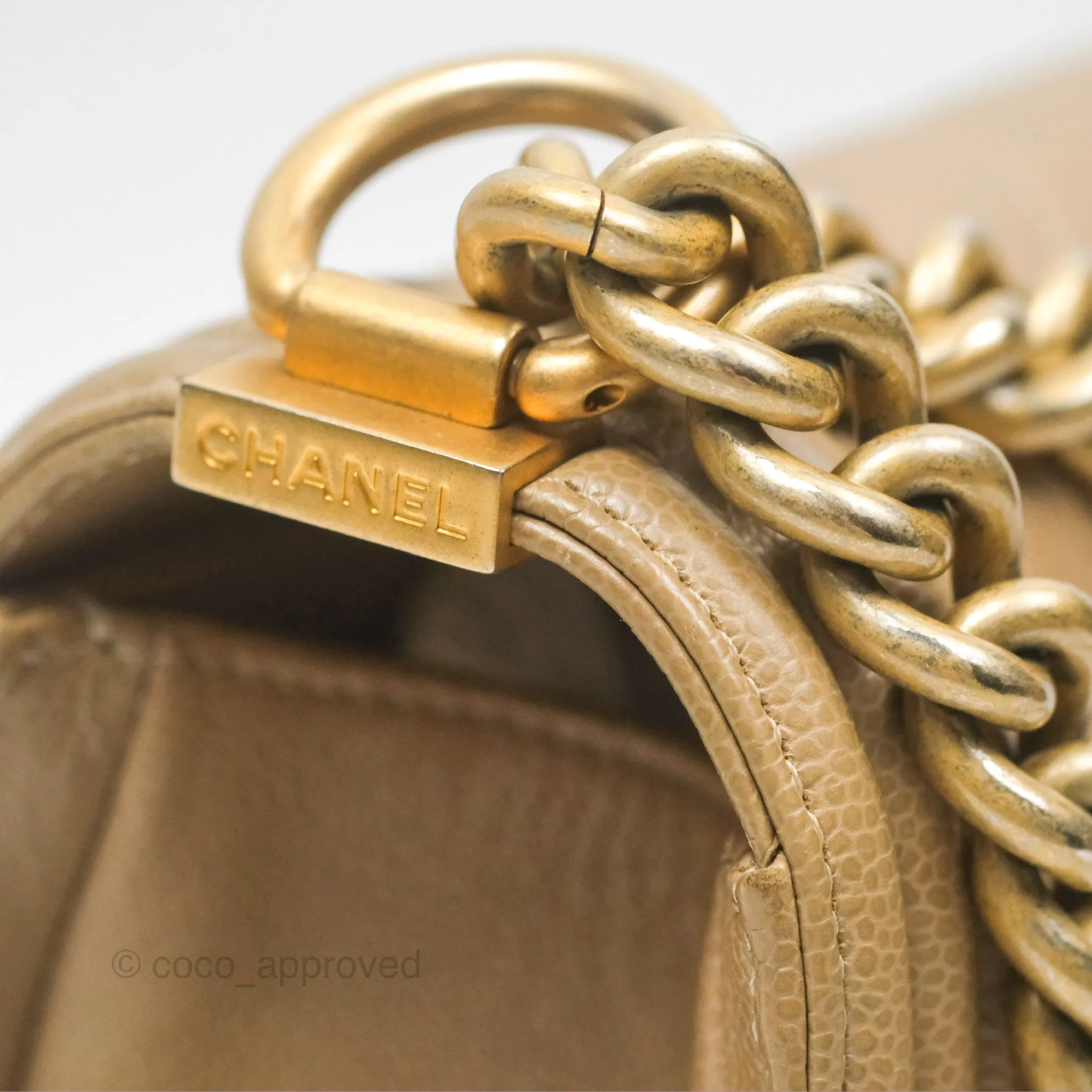 Chanel Medium Boy Chevron Beige Caviar Aged Gold Hardware