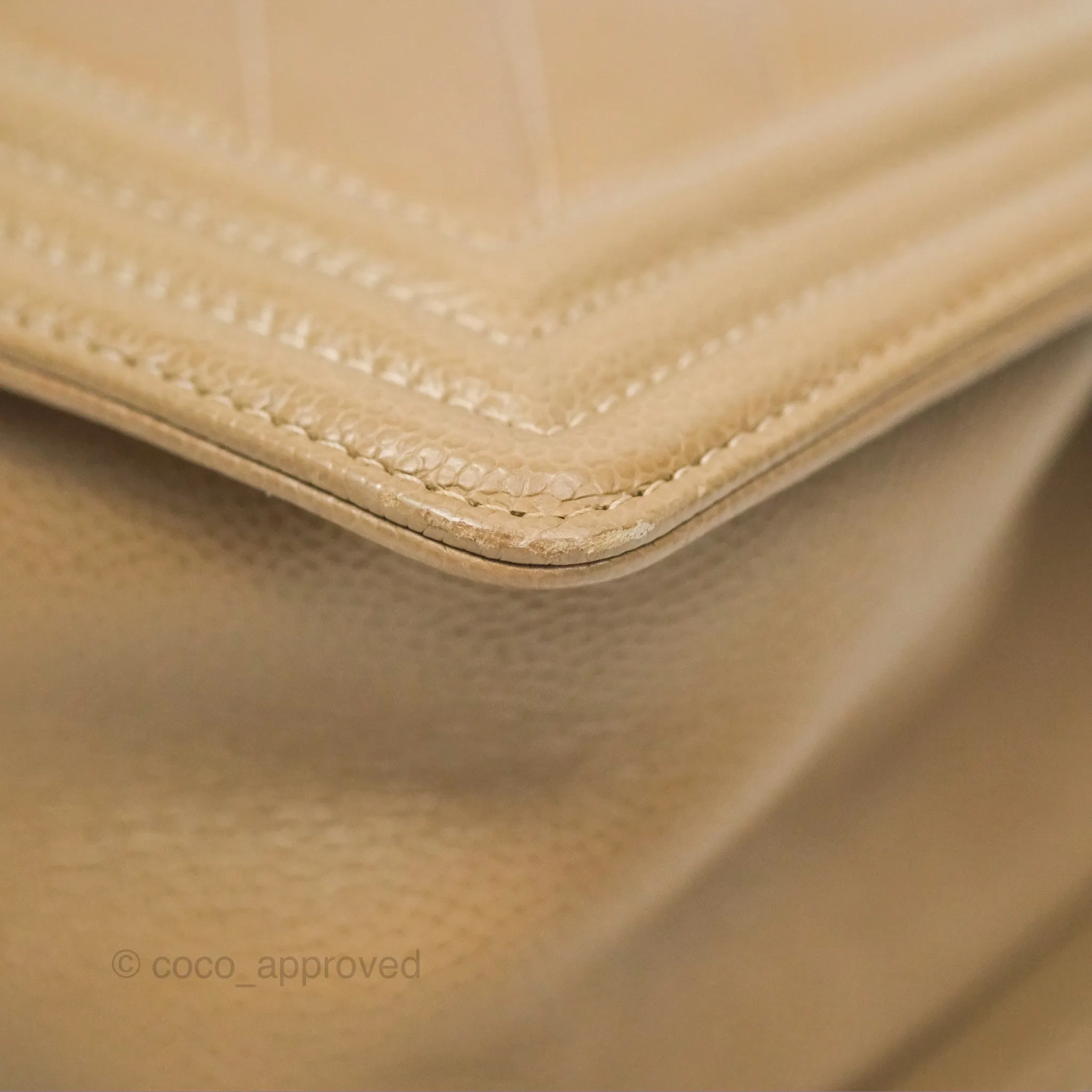 Chanel Medium Boy Chevron Beige Caviar Aged Gold Hardware