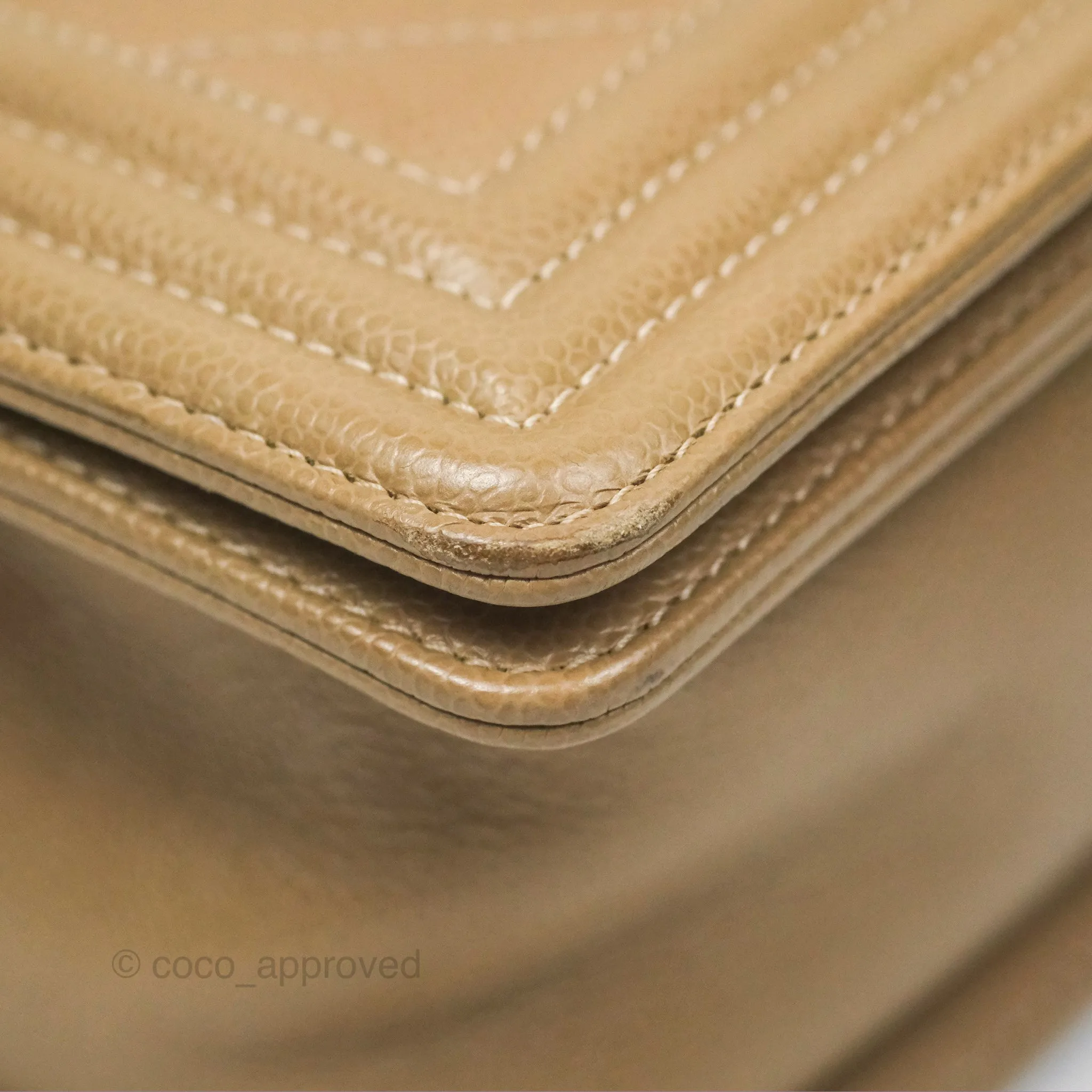 Chanel Medium Boy Chevron Beige Caviar Aged Gold Hardware