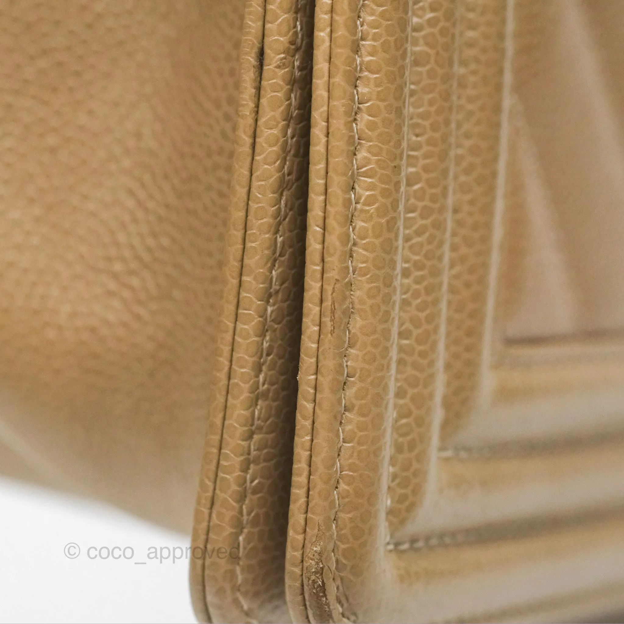 Chanel Medium Boy Chevron Beige Caviar Aged Gold Hardware