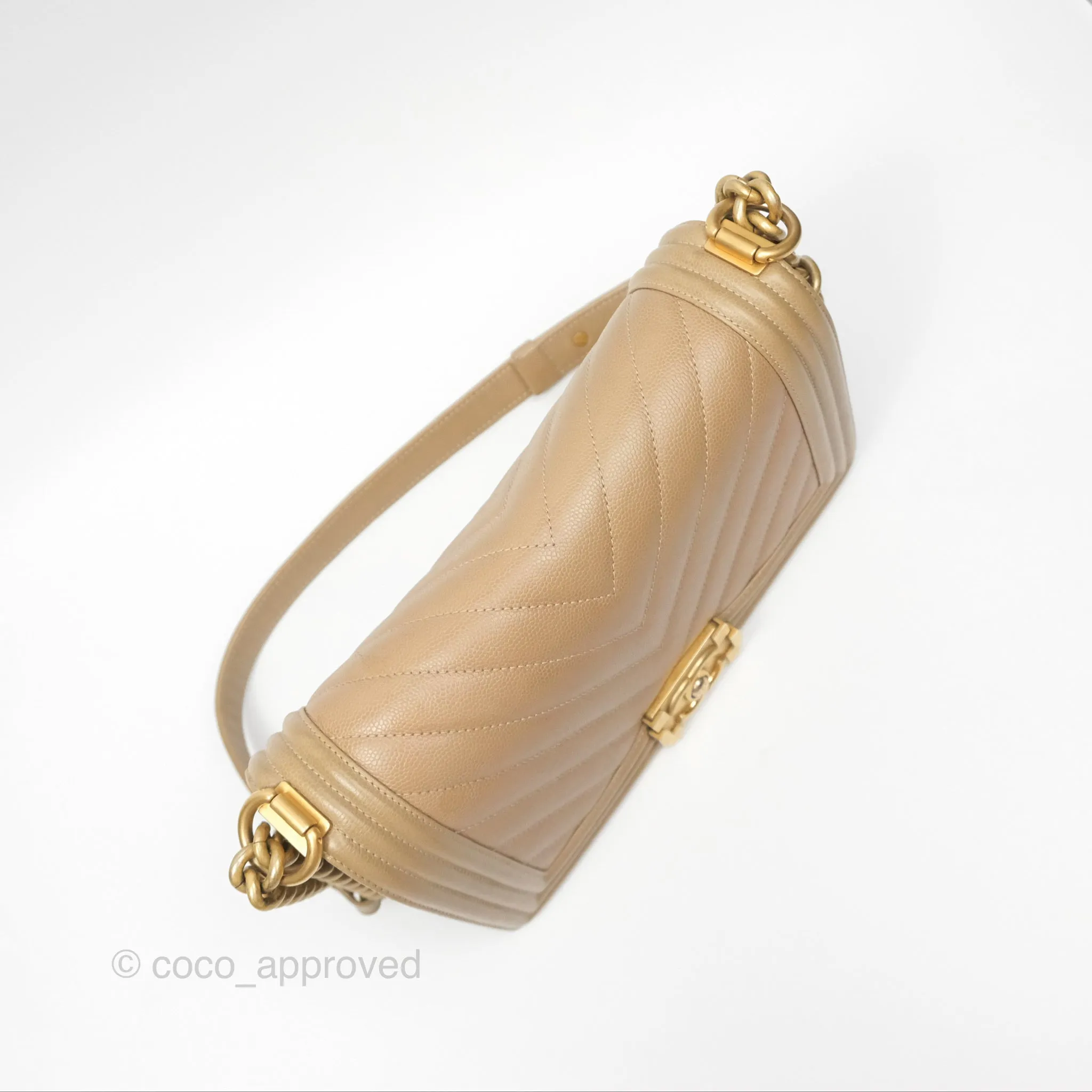 Chanel Medium Boy Chevron Beige Caviar Aged Gold Hardware