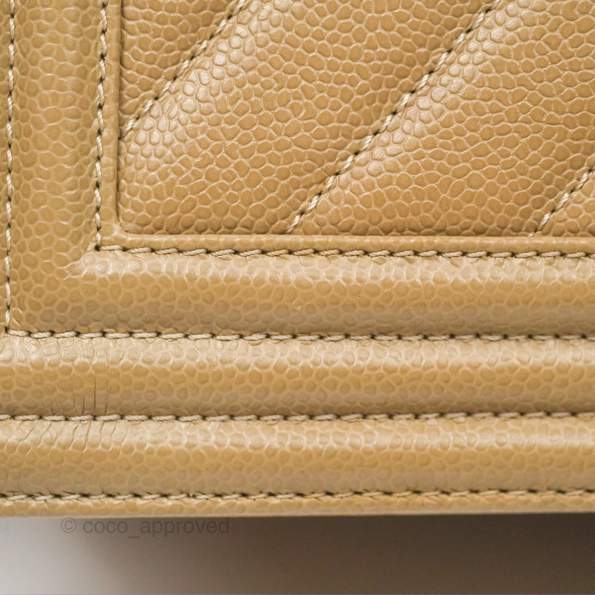 Chanel Medium Boy Chevron Beige Caviar Aged Gold Hardware