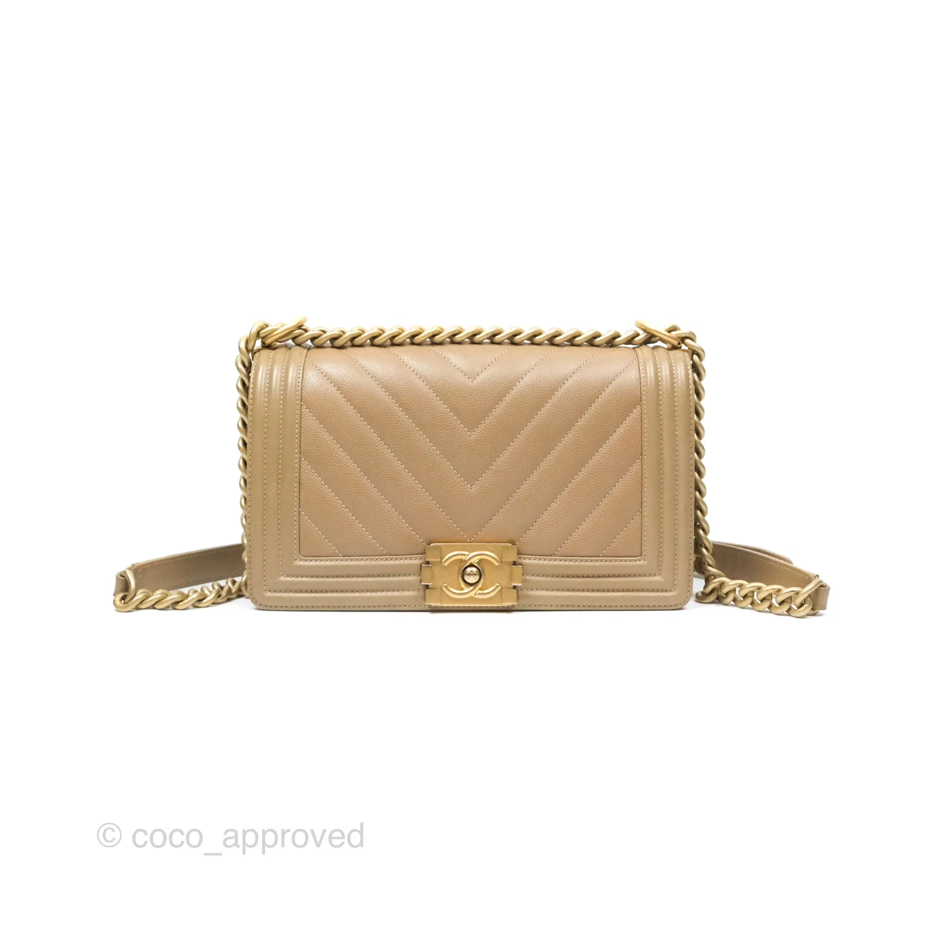 Chanel Medium Boy Chevron Beige Caviar Aged Gold Hardware
