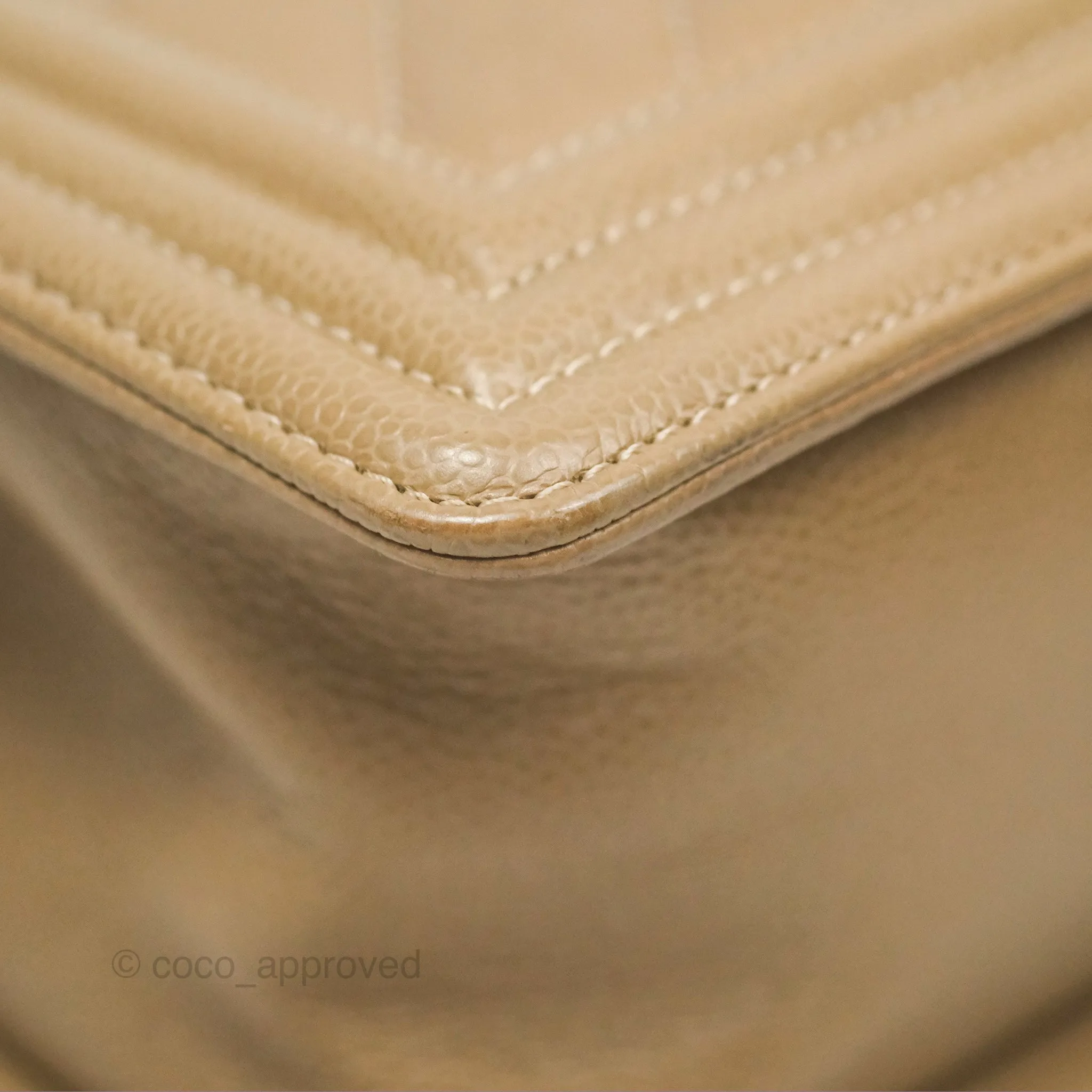 Chanel Medium Boy Chevron Beige Caviar Aged Gold Hardware