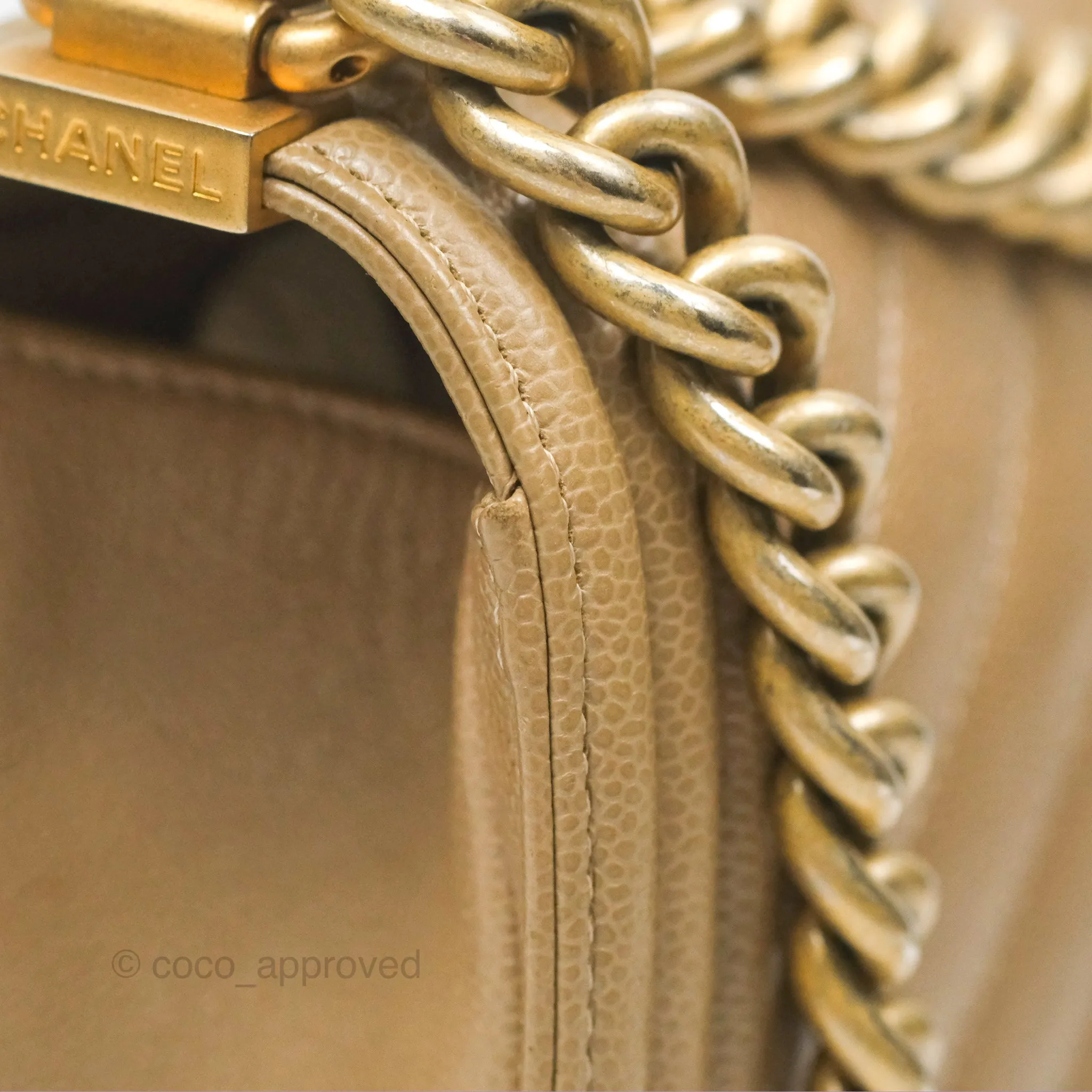 Chanel Medium Boy Chevron Beige Caviar Aged Gold Hardware