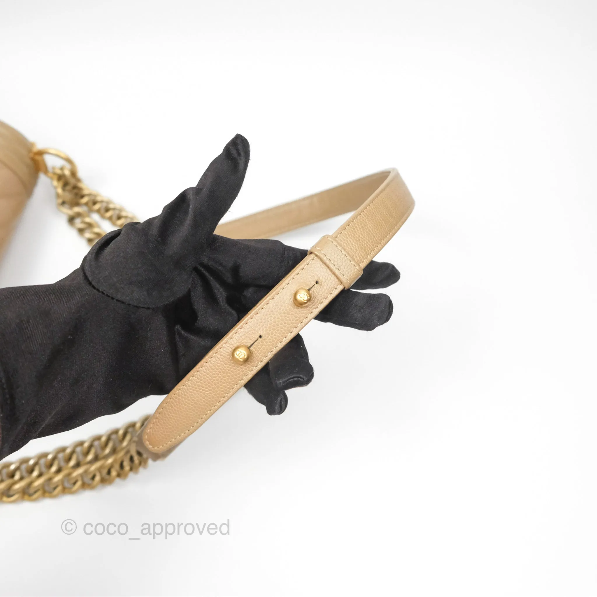 Chanel Medium Boy Chevron Beige Caviar Aged Gold Hardware