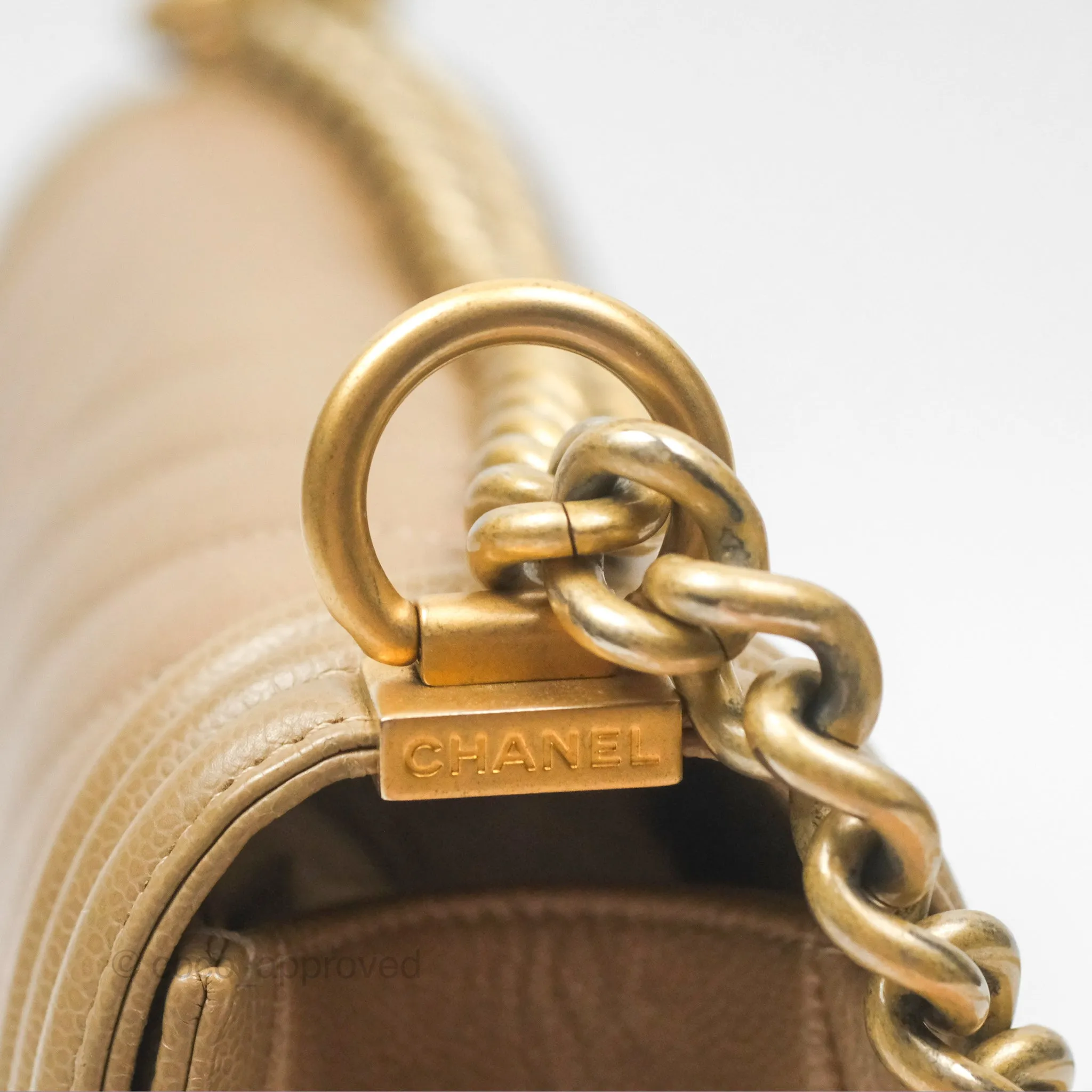 Chanel Medium Boy Chevron Beige Caviar Aged Gold Hardware