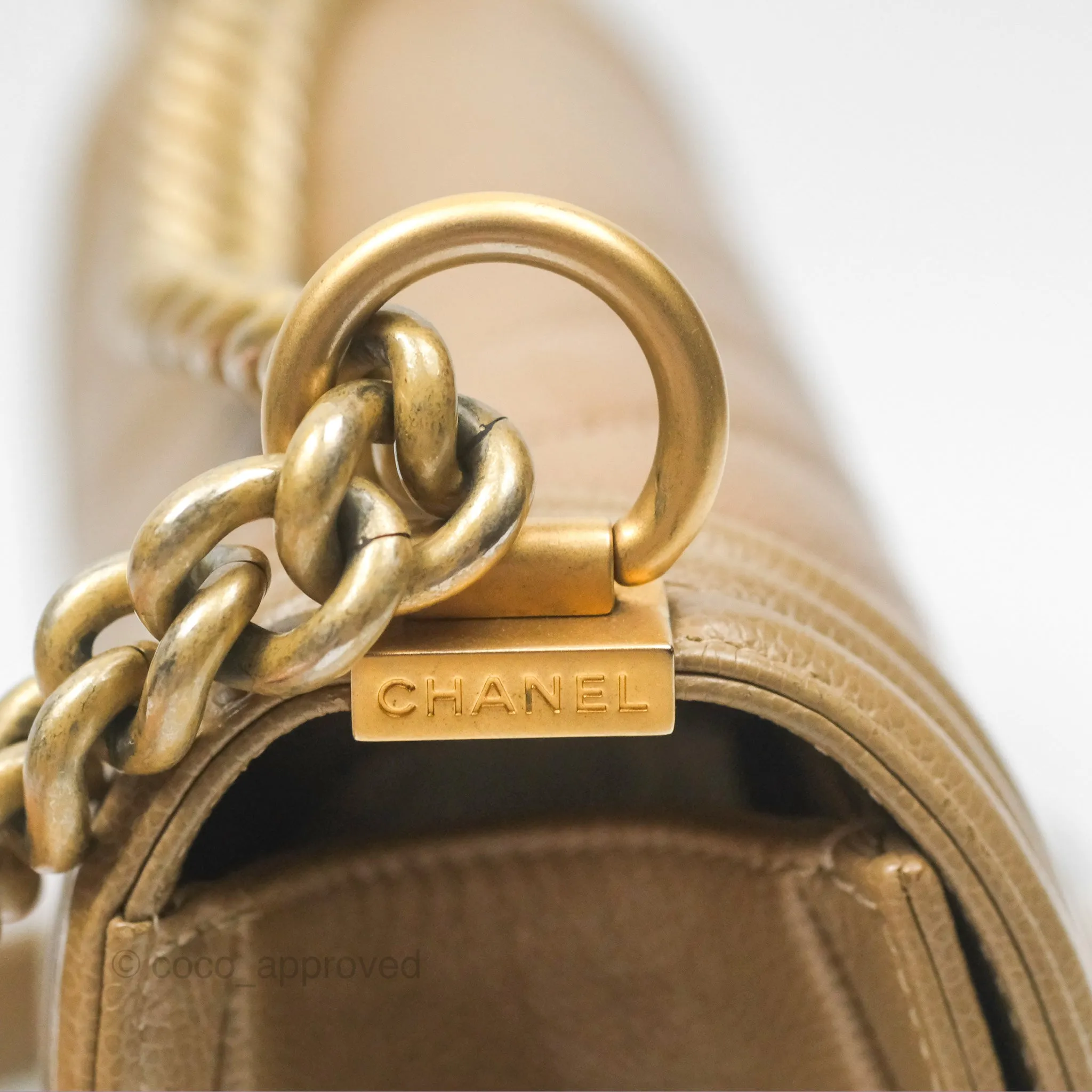 Chanel Medium Boy Chevron Beige Caviar Aged Gold Hardware