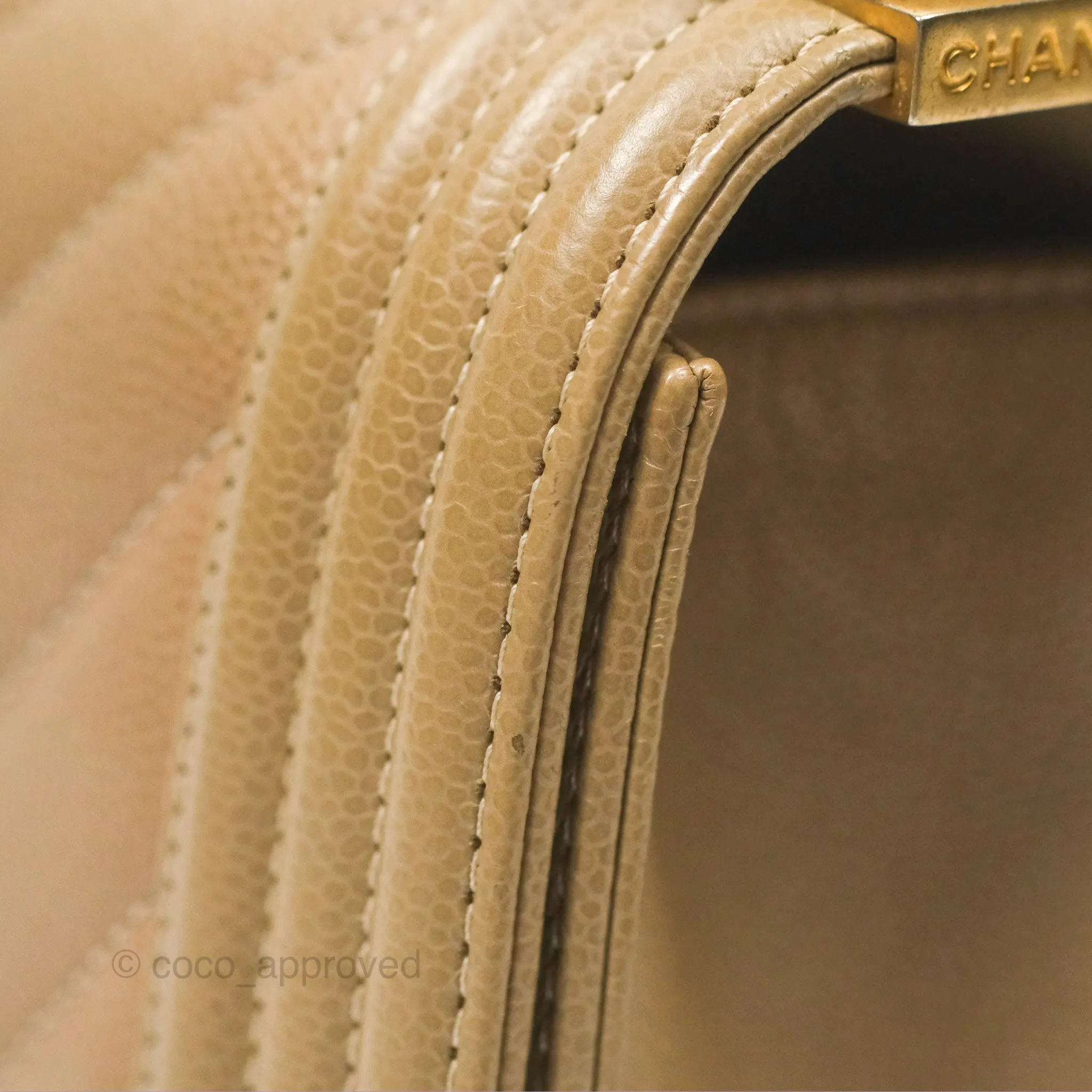 Chanel Medium Boy Chevron Beige Caviar Aged Gold Hardware