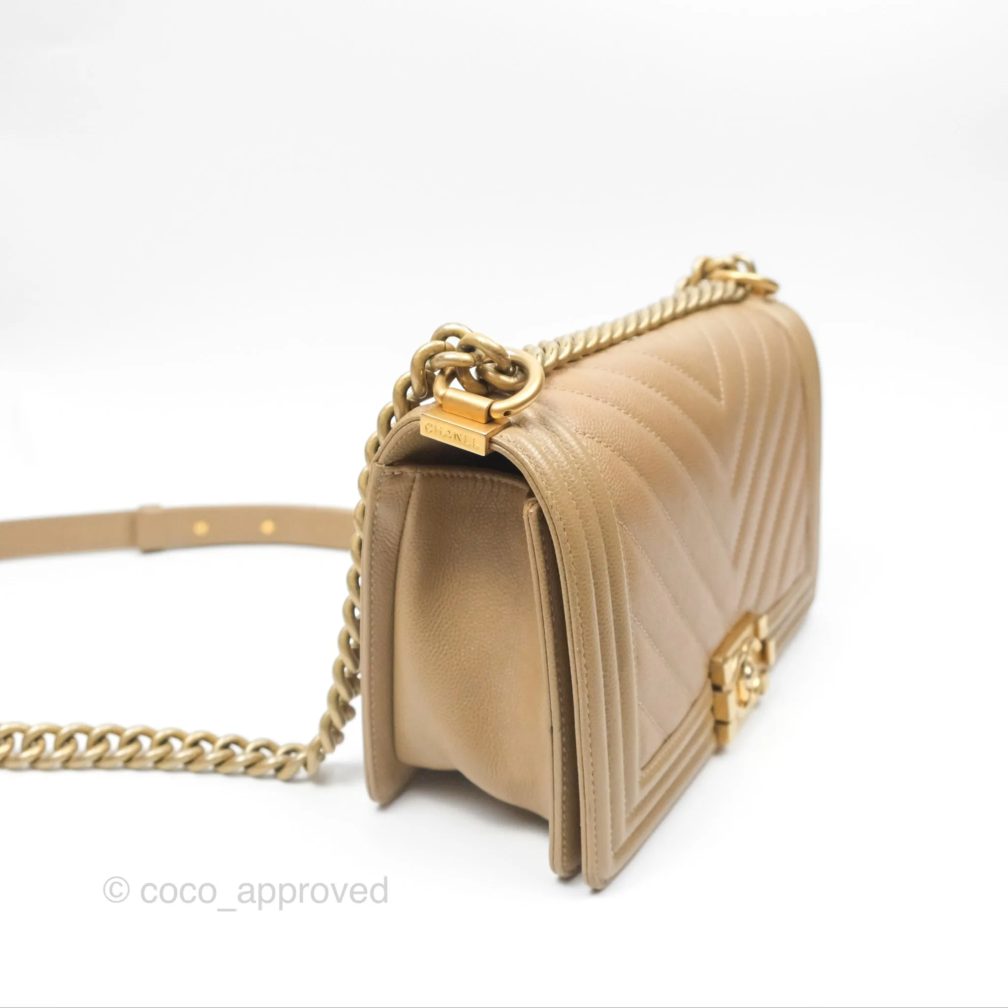 Chanel Medium Boy Chevron Beige Caviar Aged Gold Hardware