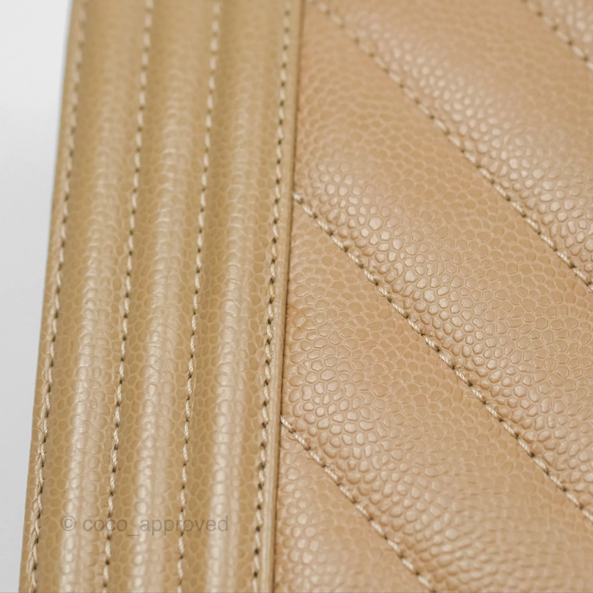 Chanel Medium Boy Chevron Beige Caviar Aged Gold Hardware