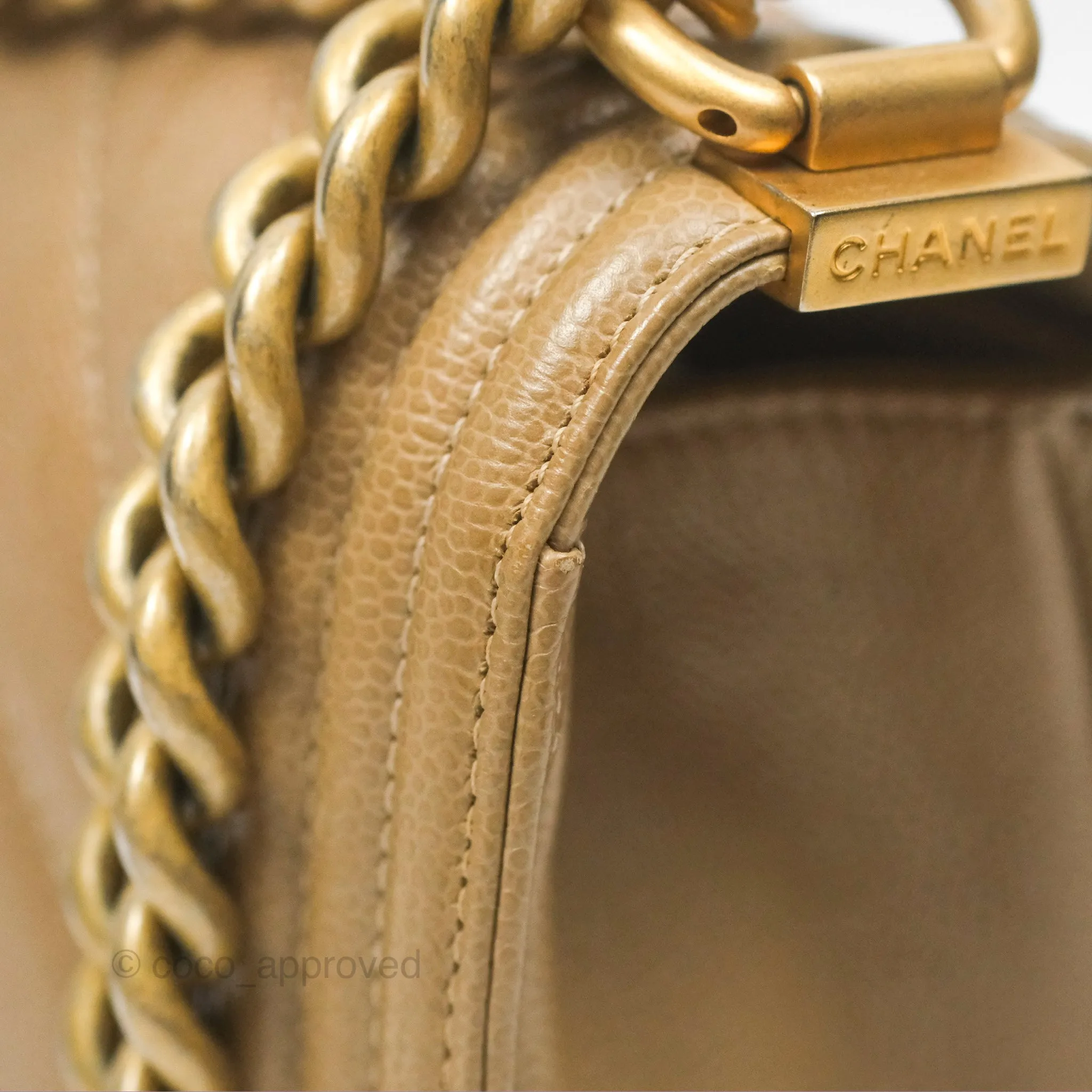Chanel Medium Boy Chevron Beige Caviar Aged Gold Hardware