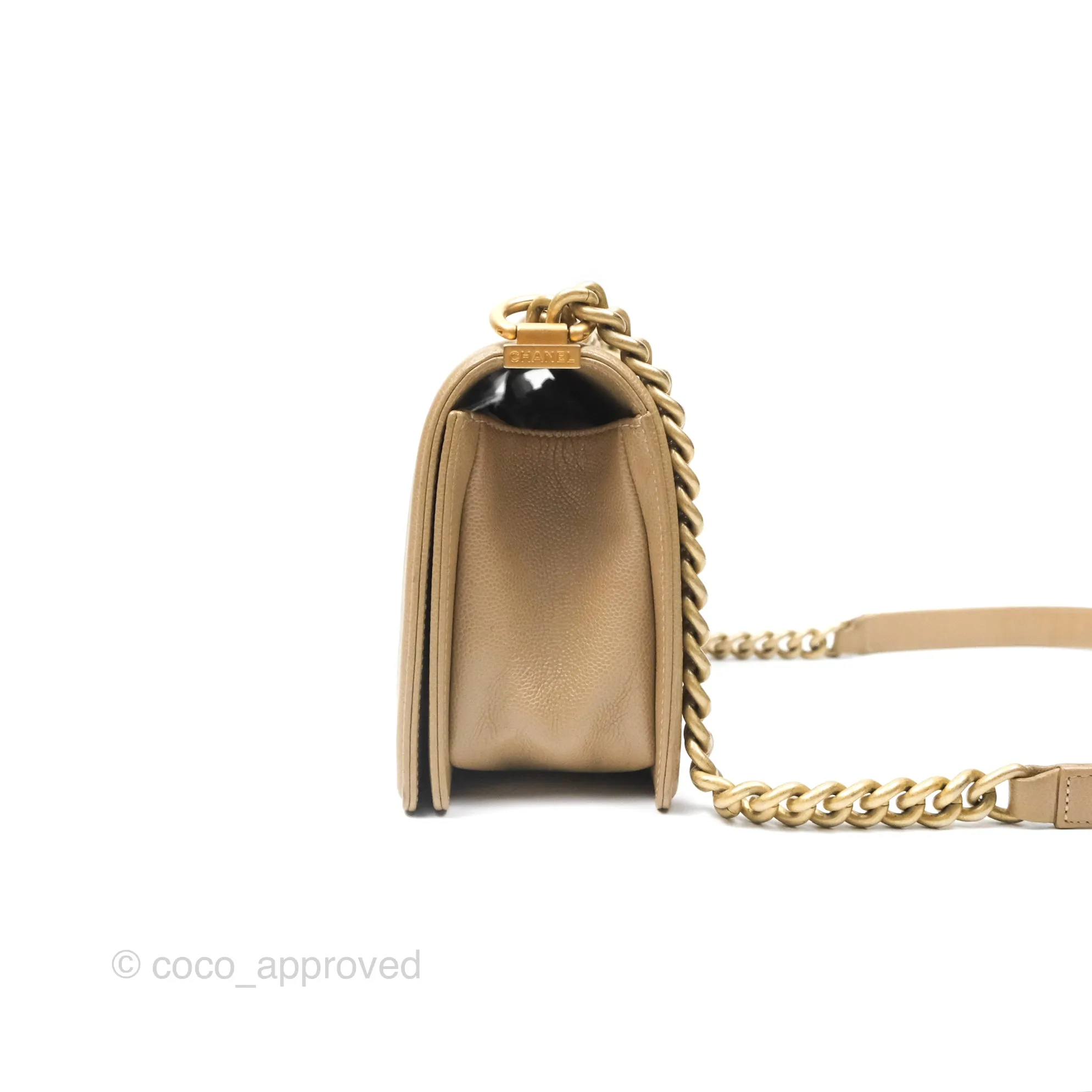 Chanel Medium Boy Chevron Beige Caviar Aged Gold Hardware