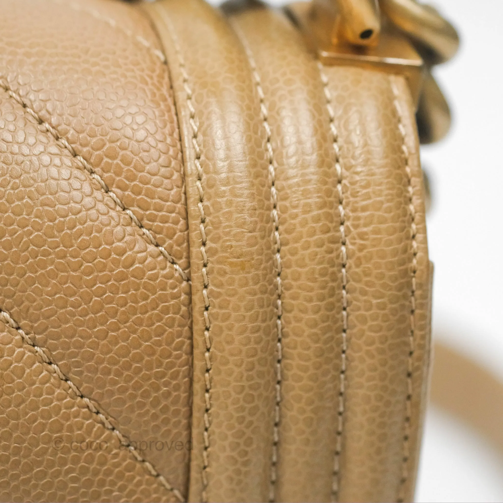 Chanel Medium Boy Chevron Beige Caviar Aged Gold Hardware