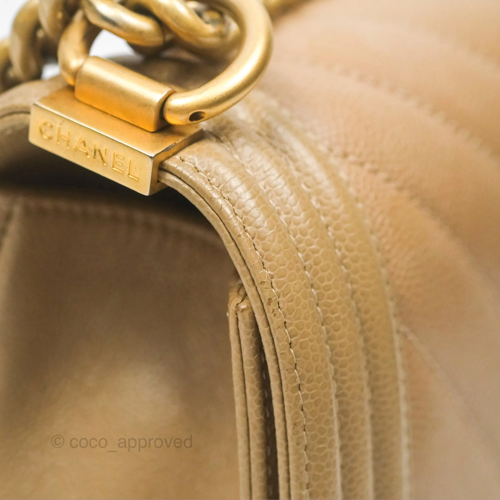 Chanel Medium Boy Chevron Beige Caviar Aged Gold Hardware