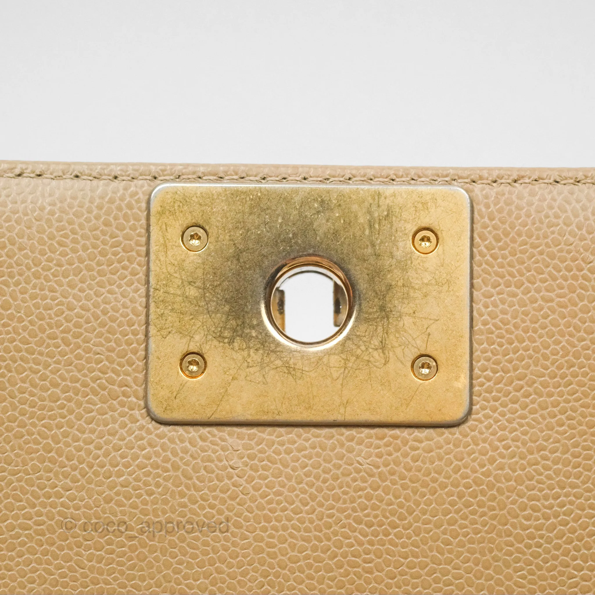 Chanel Medium Boy Chevron Beige Caviar Aged Gold Hardware