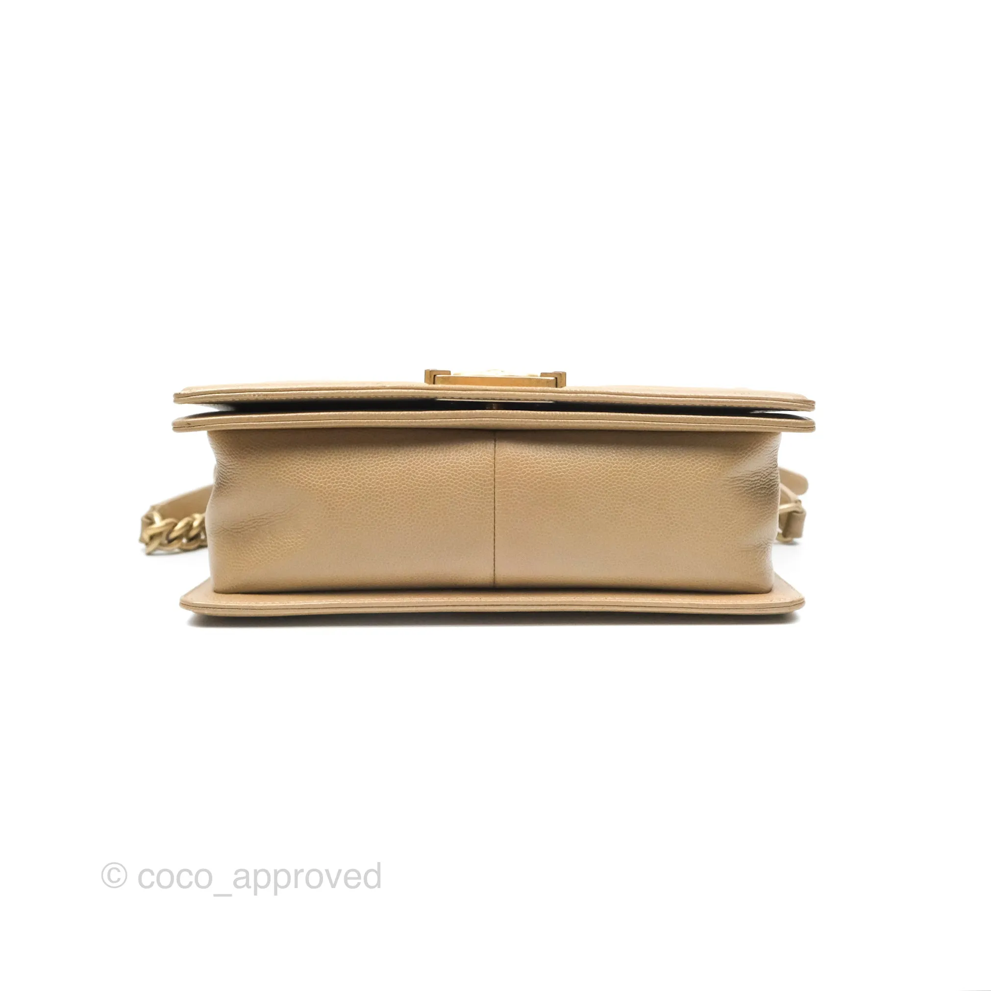 Chanel Medium Boy Chevron Beige Caviar Aged Gold Hardware
