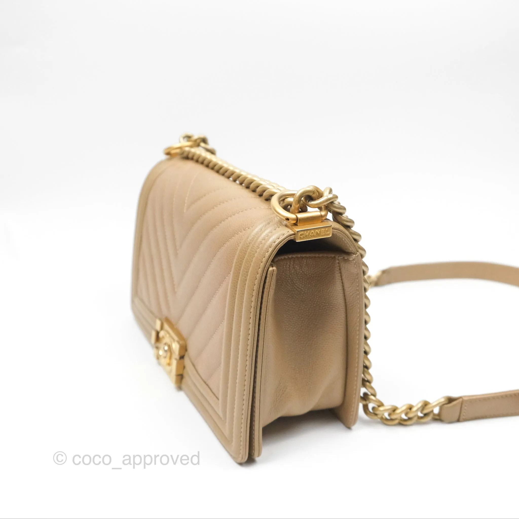Chanel Medium Boy Chevron Beige Caviar Aged Gold Hardware